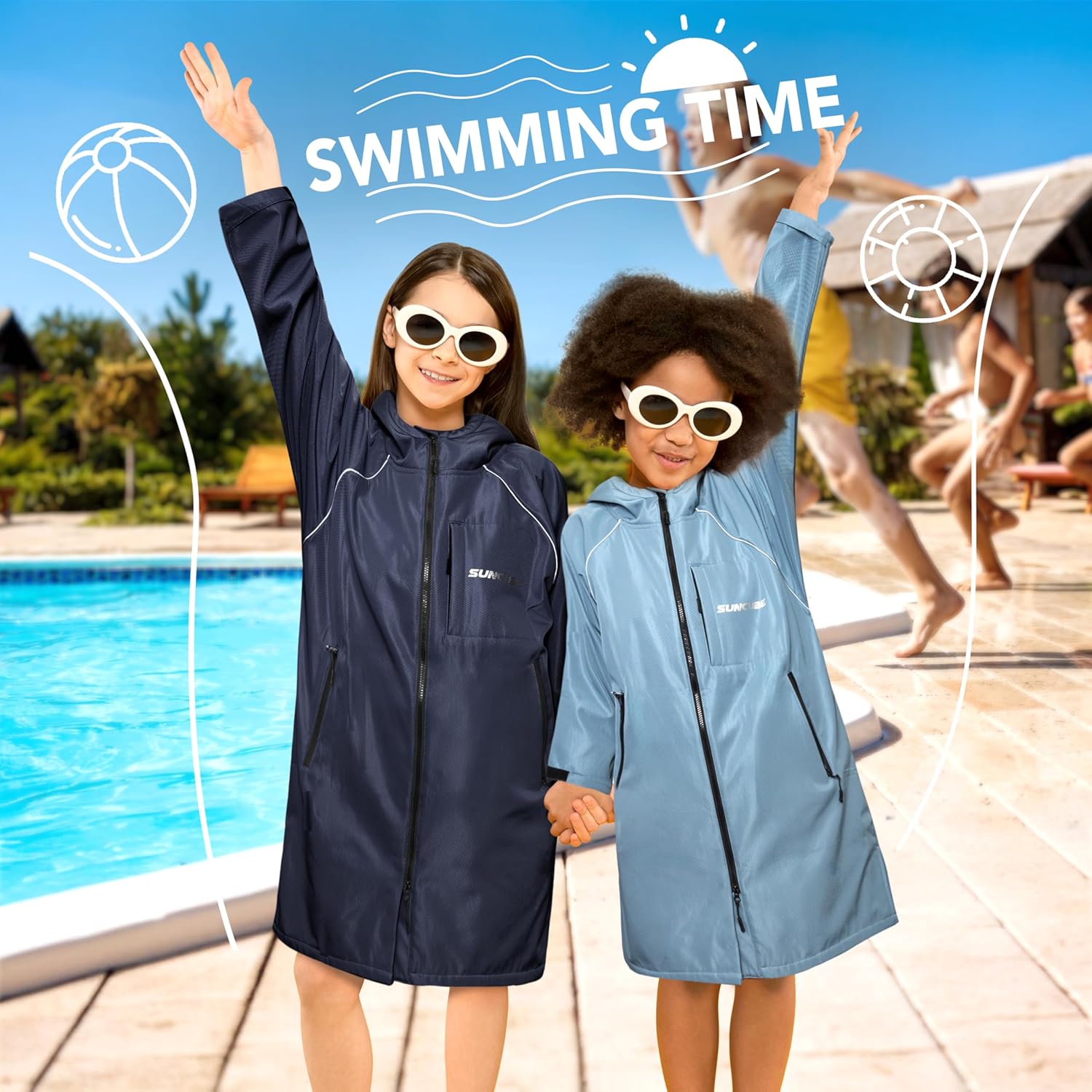 SUN CUBE Swim Parka Boy Girl, Unisex Kids Hooded Changing Robe with Warm Fleece Lining for Swimming, Surfing, Water Sports - Image 3