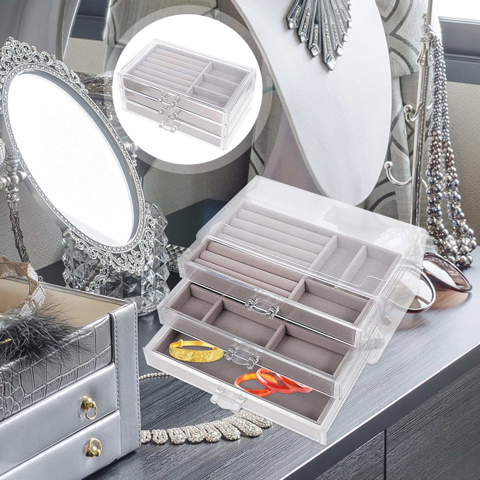 Operitacx Scatola Portaoggetti Cassetti per Gioielli e Orecchini, Organizer da Toeletta Multiuso in Materiale Resistente Grigio, Contenitore per Anelli e Accessori da Scrivania per Casa