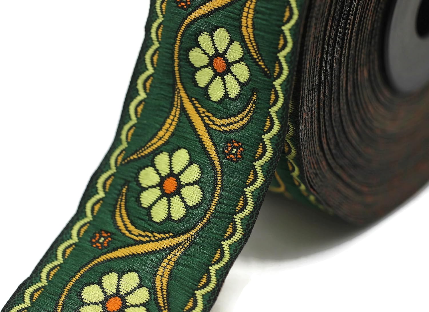 11 Yard Spool 1.37" Green and Yellow Daisy Blossom Jacquard Ribbon Trim Woven Border Embroidery Lace Tape DIY Craft Accessories Embellishment 35938 V2