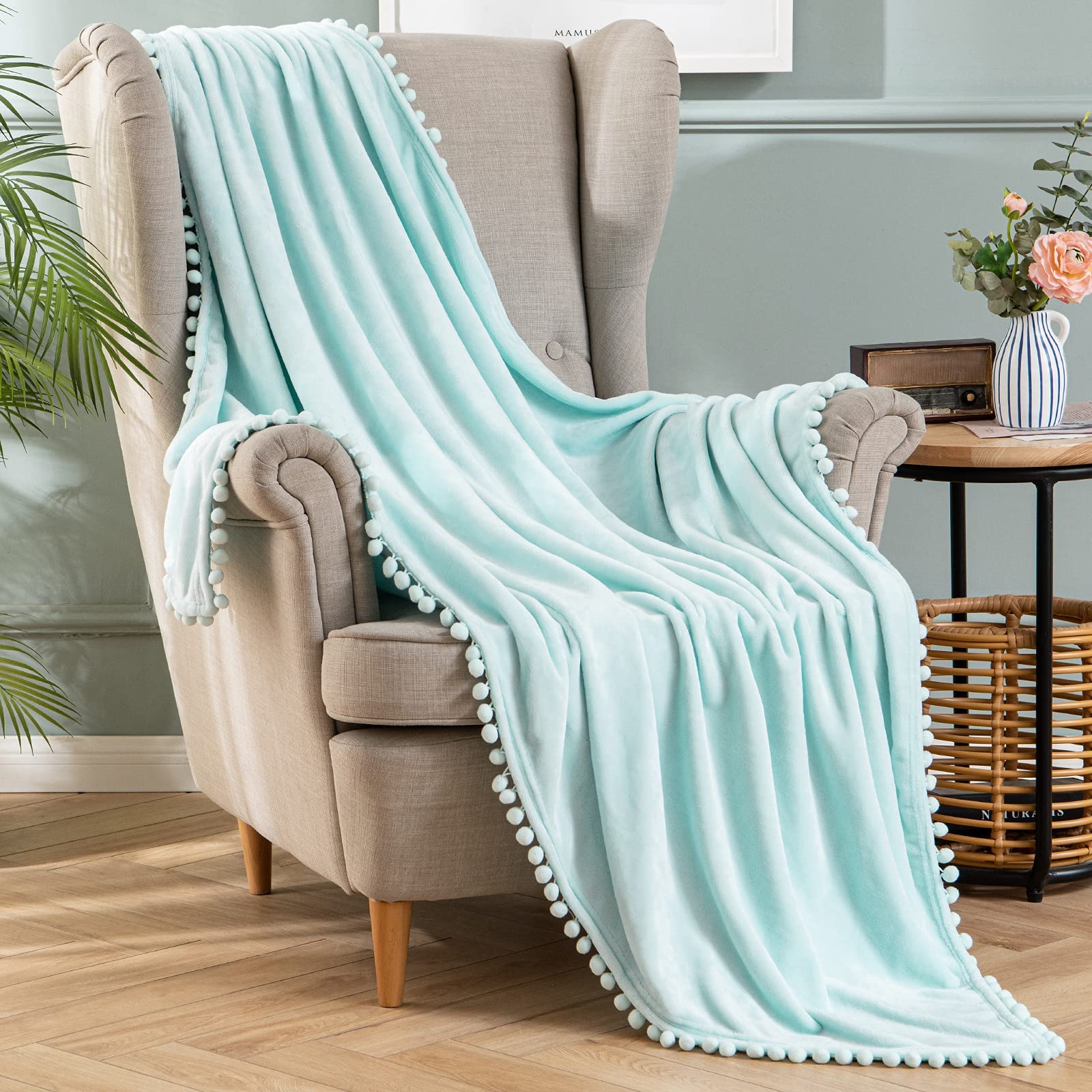 Photo 1 of ***RED NOT BLUE*** MIULEE Fleece Blanket with Pompom Fringe, Soft Cozy Lightweight Flannel Bed Blanket Fuzzy Plush Warm Blanket Decorative Tassel Light Blue Decor for Couch Sofa, Twin Size 50"x60", Aqua 60"x80" Aqua Blue
