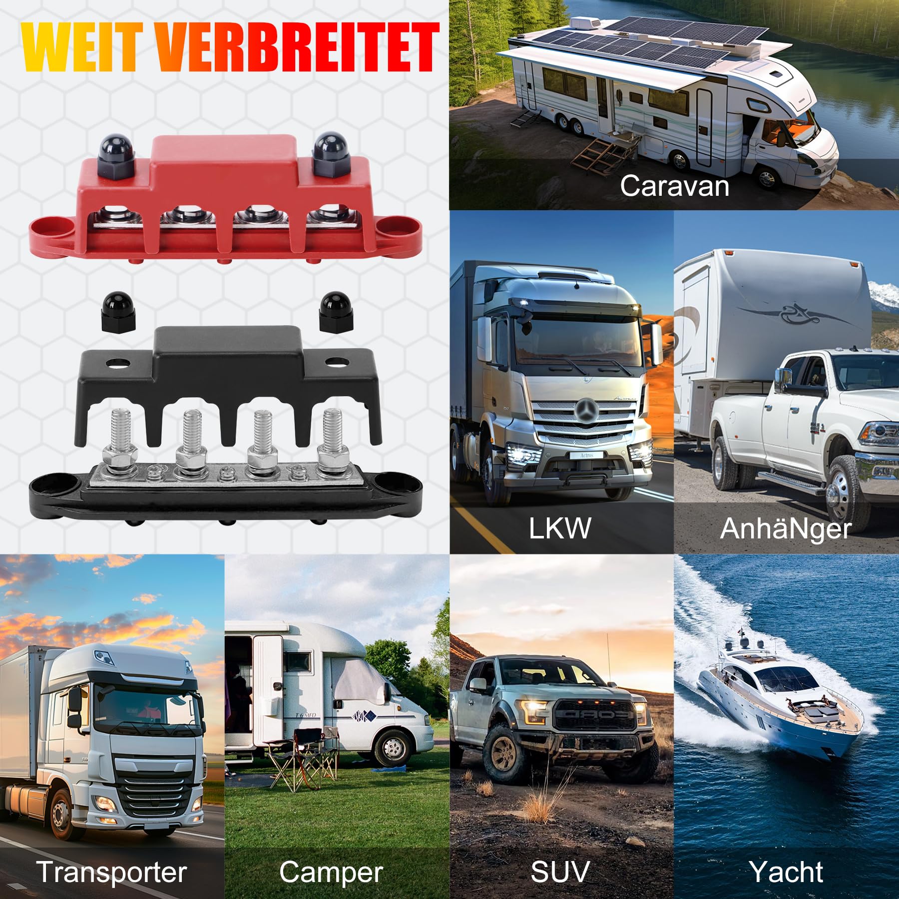 2 PCS 12V-48V DC Rail de Collecte Distributeur de Bloc 250A Busbar avec 5/16" (M8) 4-Posts Bornier avec Couvercle, Bornier Electrique avec 2x Borniers M8 pour Voiture RV Bateau (Rouge Noir)