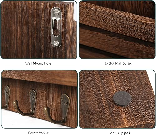 Miniatura 3 de Organizador de correo de pared con 4 ganchos para llaves, clasificador de correo colgante de madera rústica, soporte para llaves de granja para