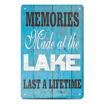 11.8 x 7.8 In Metal Wall Sign, Tin, Vintage Design for Home and Outdoor | "Memories Made at the Lake" Sign For Indoor and Outdoor Use, Pre-Drilled Holes, Water Resistant, Easy to Install