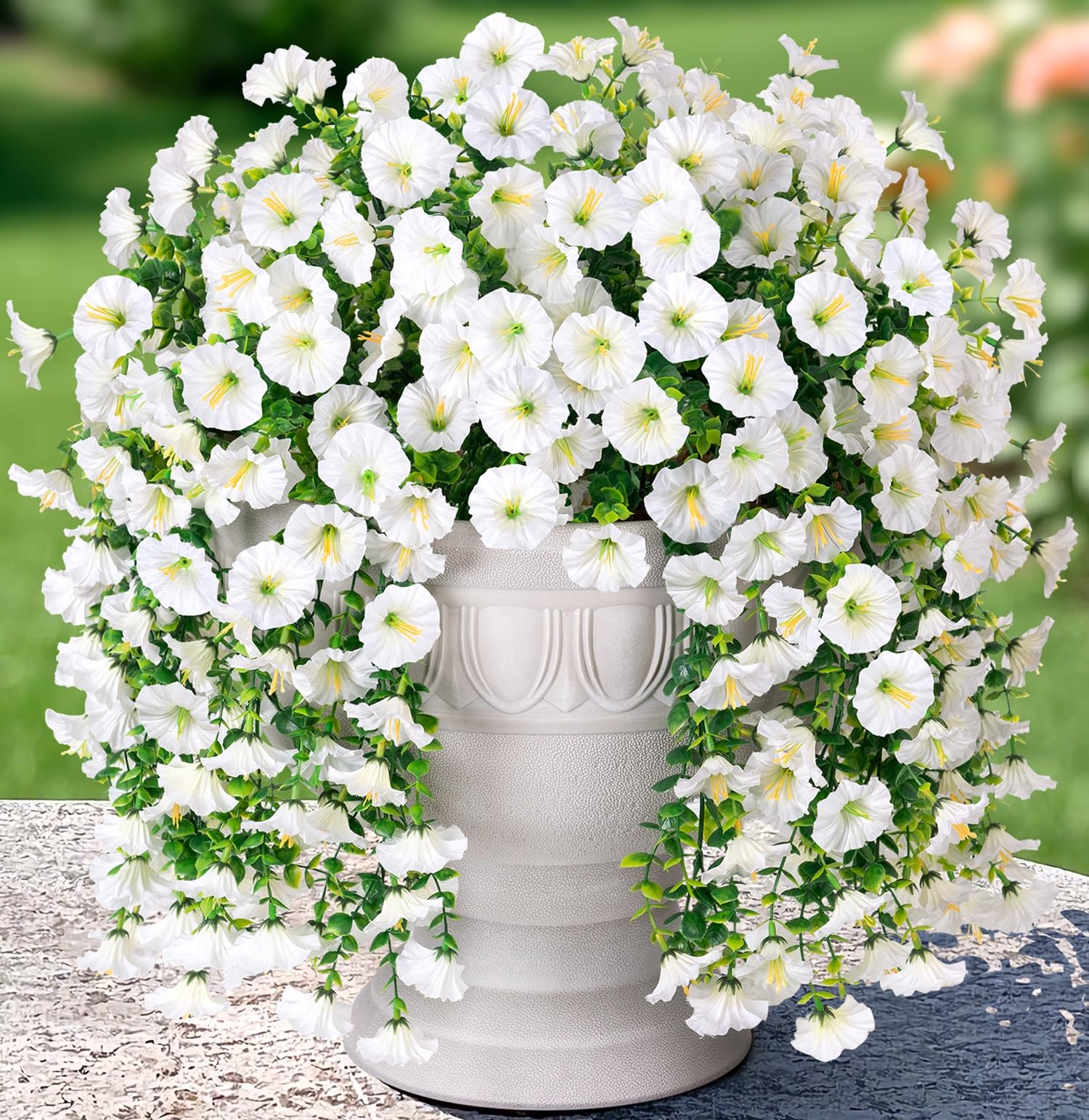 Artificial Faux Hanging Flowers Plants for Outdoor Decor,2 PCS Fake Silk Morning Glory with Eucalyptus UV Resistant Realistic Trailing Vines for Wall