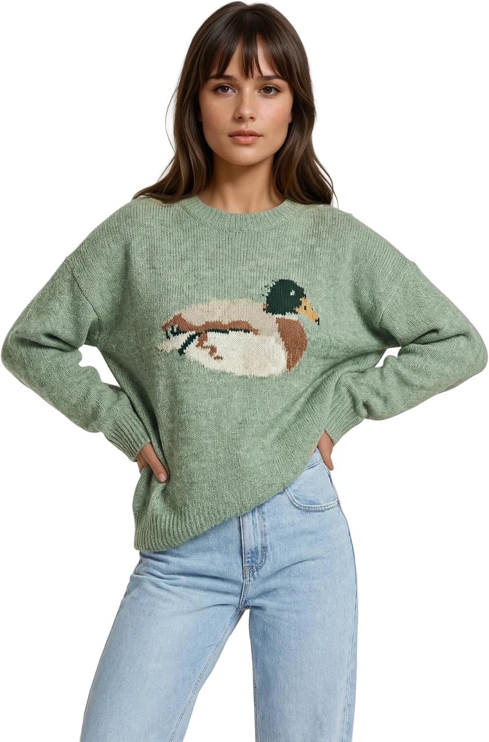 Women's Animal Graphic Knit Sweater - Horse Duck Trout Pullover - Soft Oversized Crewneck Novelty Sweater
