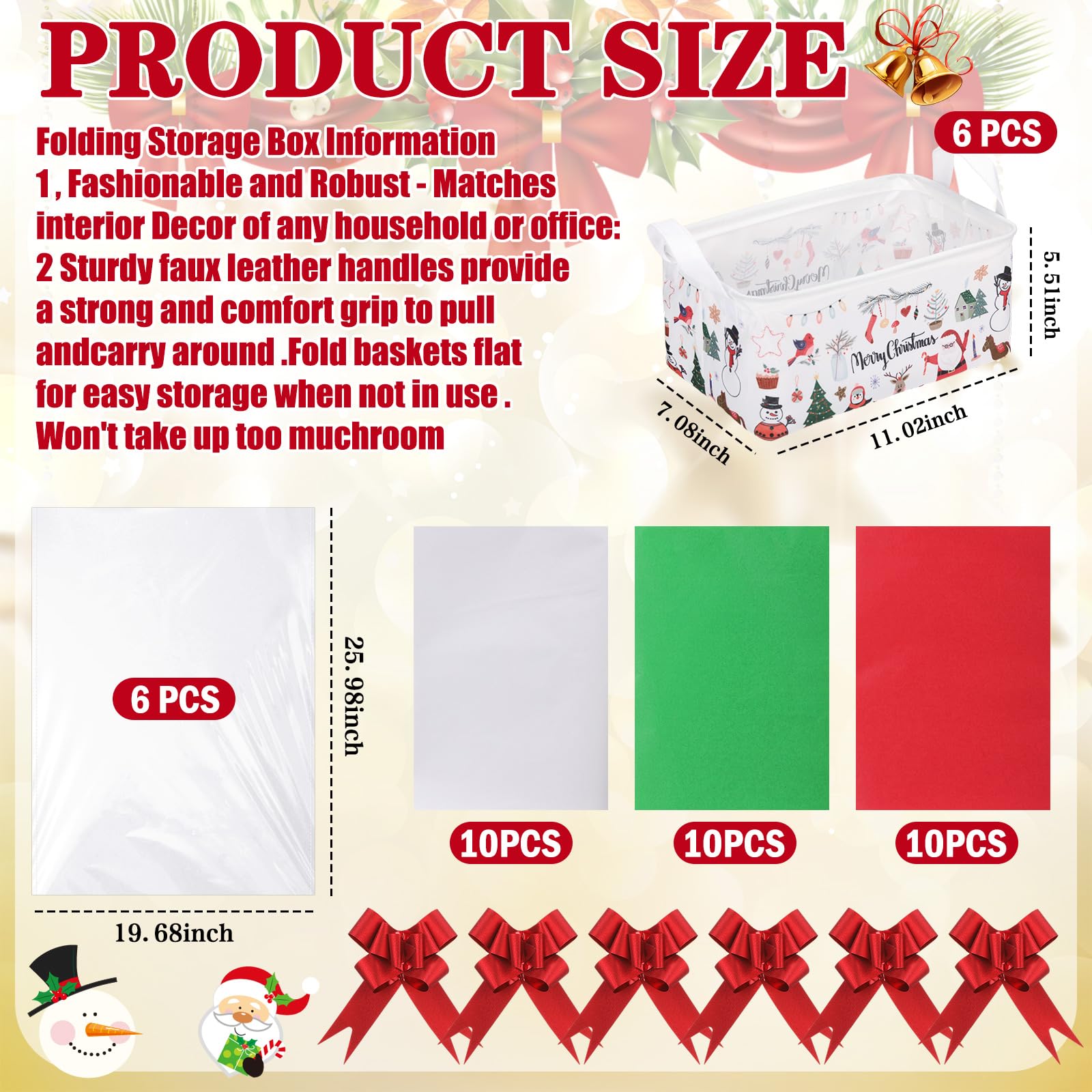 Yexiya 48-teiliges Weihnachts-Geschenkkörbe, leeres Set, enthält 6 Körbe mit 6 Geschenktüten, 6 rote Schleife, 30 Papierauskleidung für Geschenke, leer zum Befüllen mit Korb, leer, Körbe für