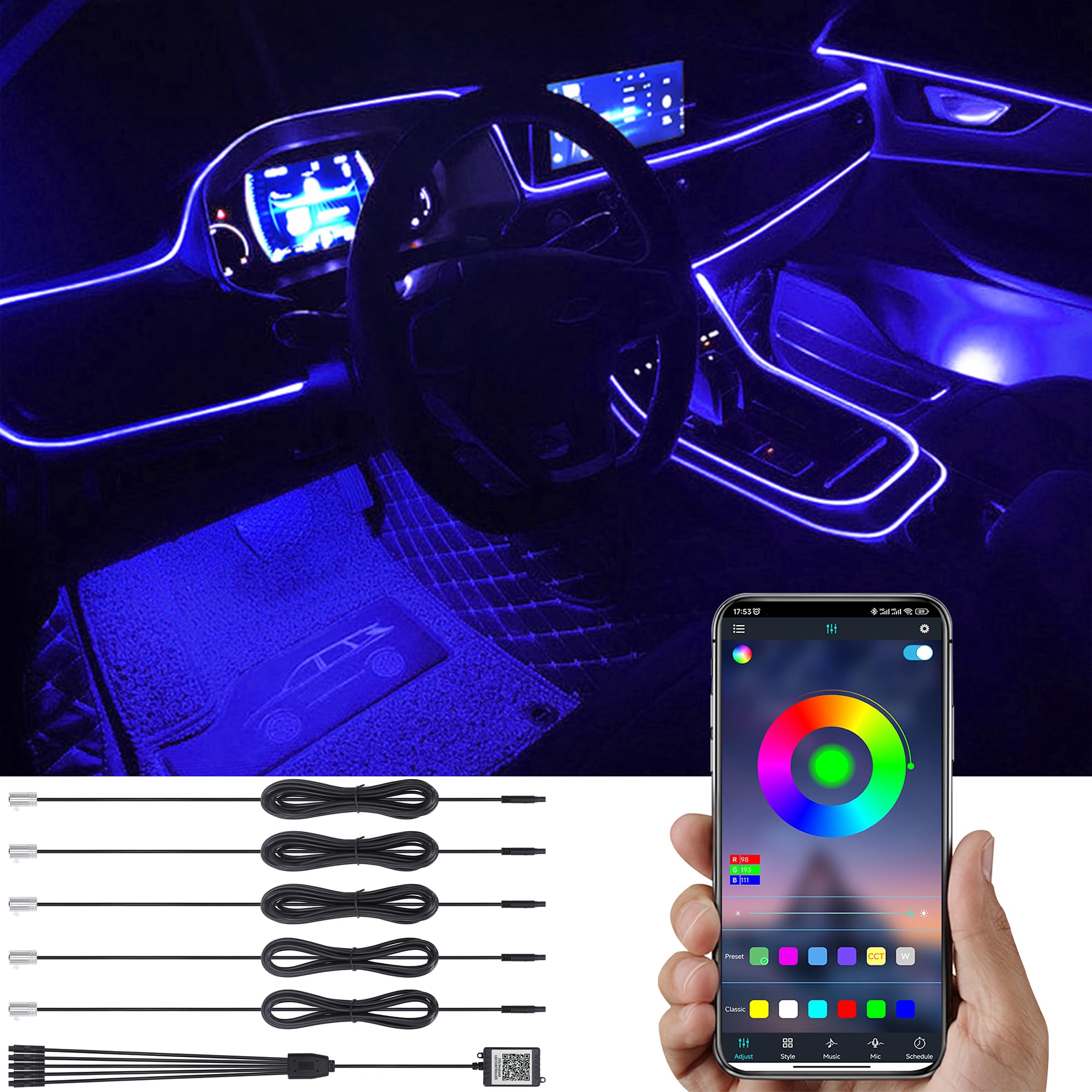 Kit Lumière Ambiante Voiture Bluetooth - Fibre Optique 6m, Contrôle APP, 16 Millions De Couleurs - 9