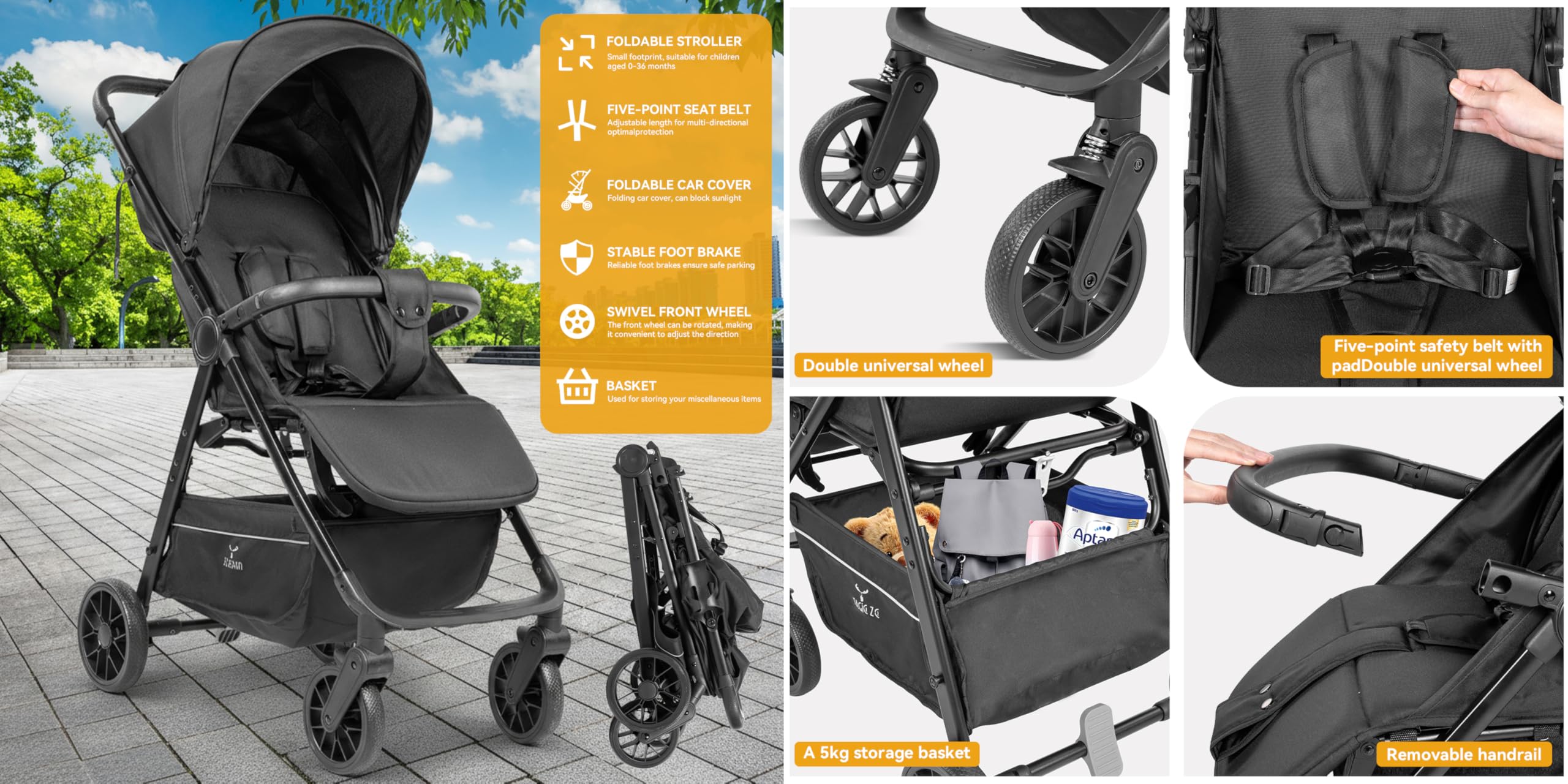 MoLi Ultraleggero Passeggino di Soli 4,6 kg, Carrozzina per Neonati Fino a 15 kg, Passeggino da Viaggio con Posizione Sdraiata Regolabile, Passeggino Compatto Portatile Pieghevole (A8 Black)