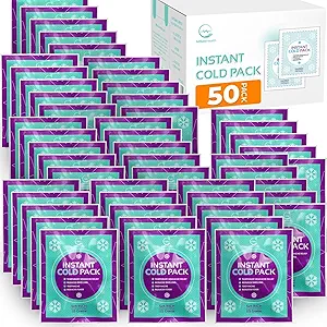 Disposable Instant Ice Cold Packs (6” x 5”) Bulk 50 Pack | Cold Compress Ice Pack for Pain Relief, First Aid & Outdoor
