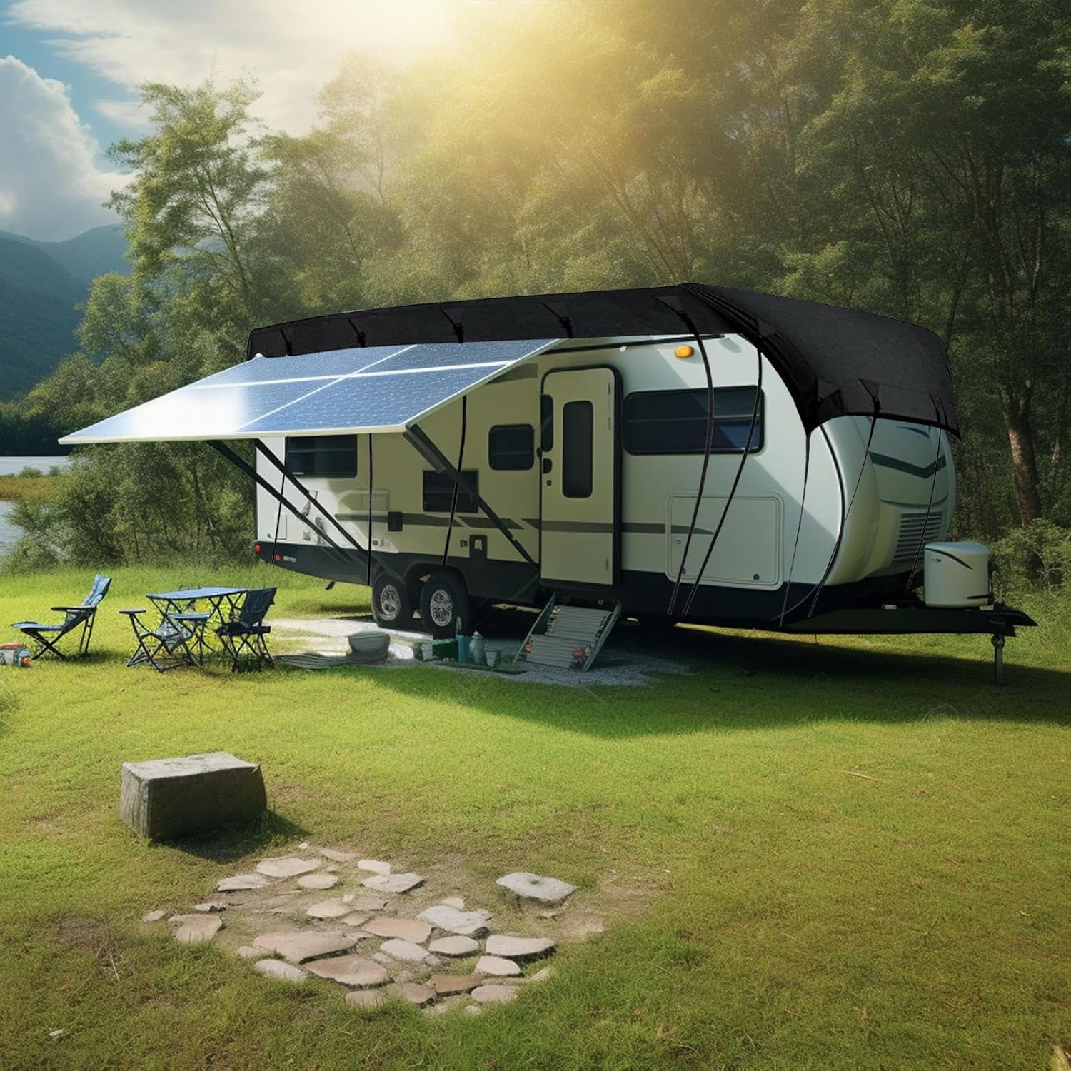 Rv Roof Cover 300D Durable Oxford Travel Trailer RV Cover Foldable Storage, Easy to Clean rv roof tarp Rv Covers for Roof Only,Gray-5x3m
