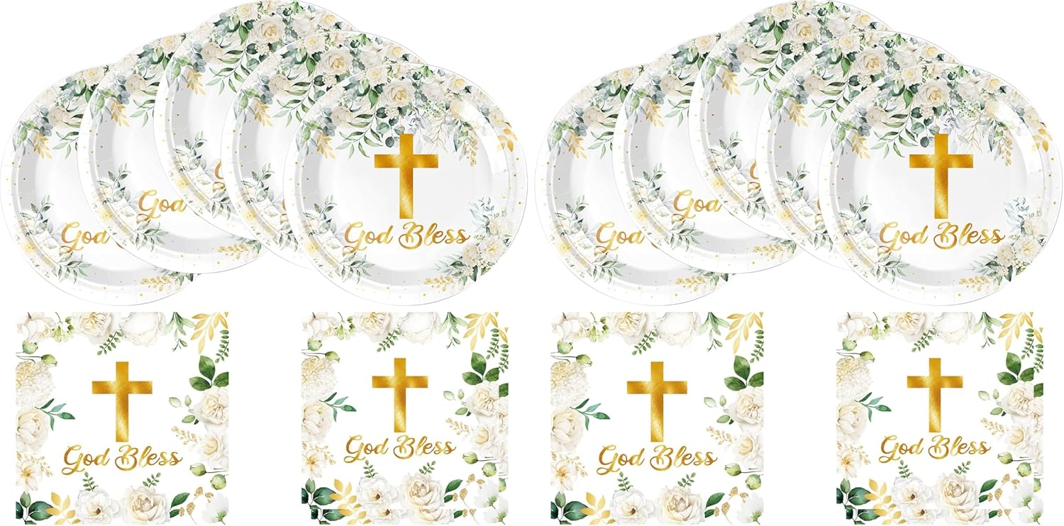 HJFZLY God Bless Tableware Set, First Communion 20 Plates and 20 Napkins, for Newborn Baptism Church Cross White Floral Party Decoration (Pack of 2)