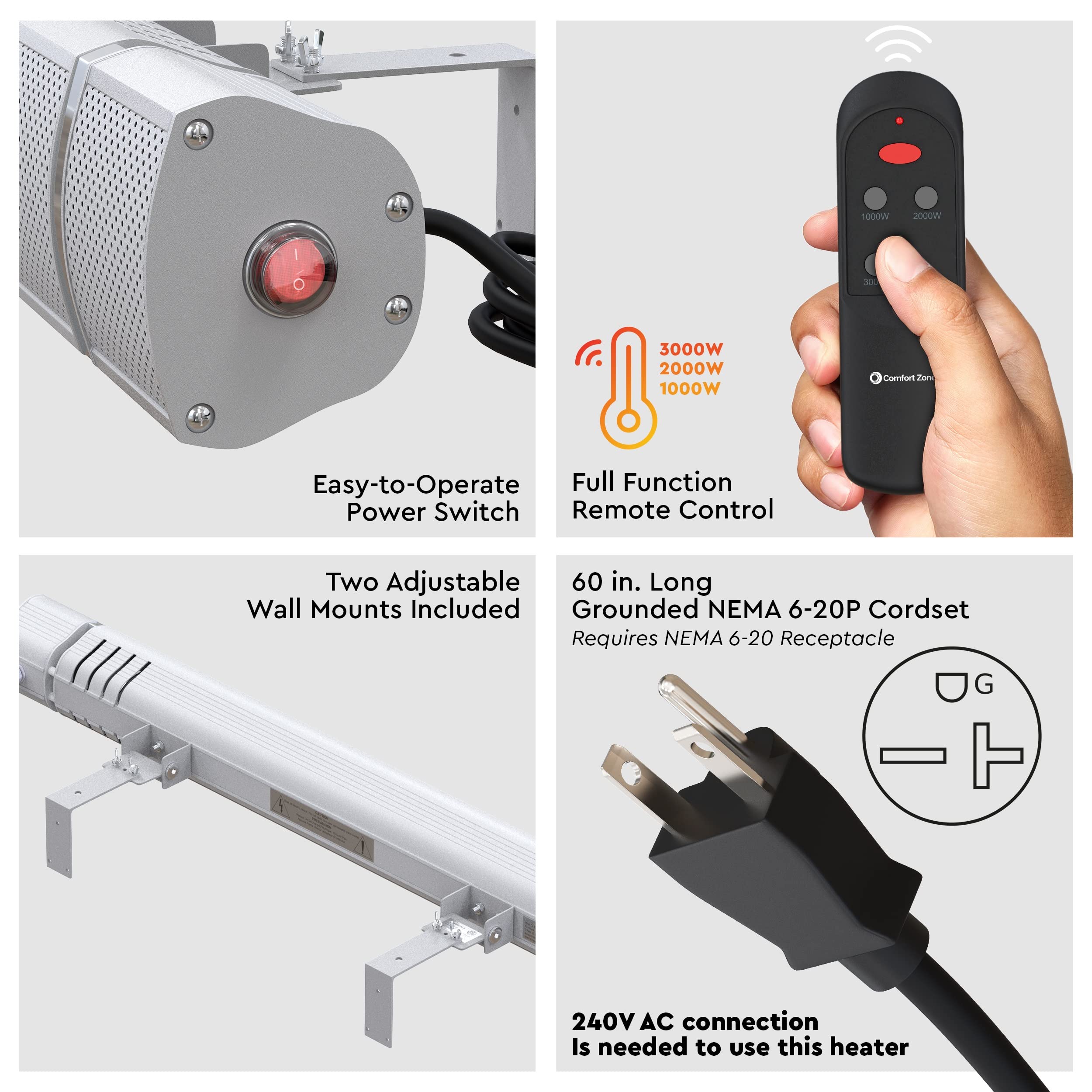 Comfort Zone CZPH30RSL 3,000-Watt/240-Volt, Hard-Wired, Wall Mounted Indoor/Outdoor Patio Heater w/Remote, Overheat Protection, Tip-Over Switch, IP65 Waterproof Rating, Mounting Hardware Included