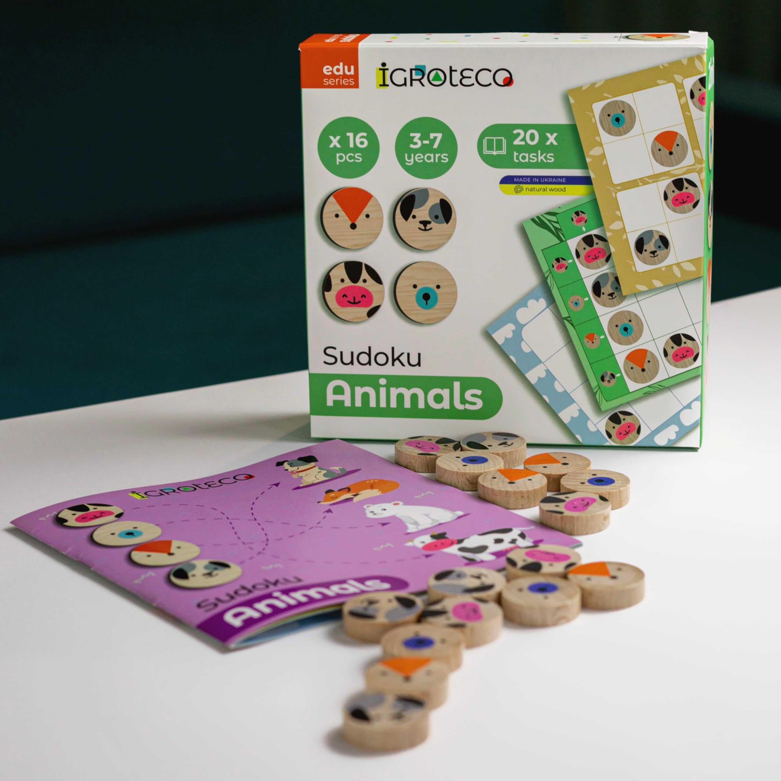 Sudoku Animales de Madera – Juego Educativo 4x4 con 20 Tareas – Estimula Lógica, Concentración y Motricidad Fina – A Partir de 3 Años