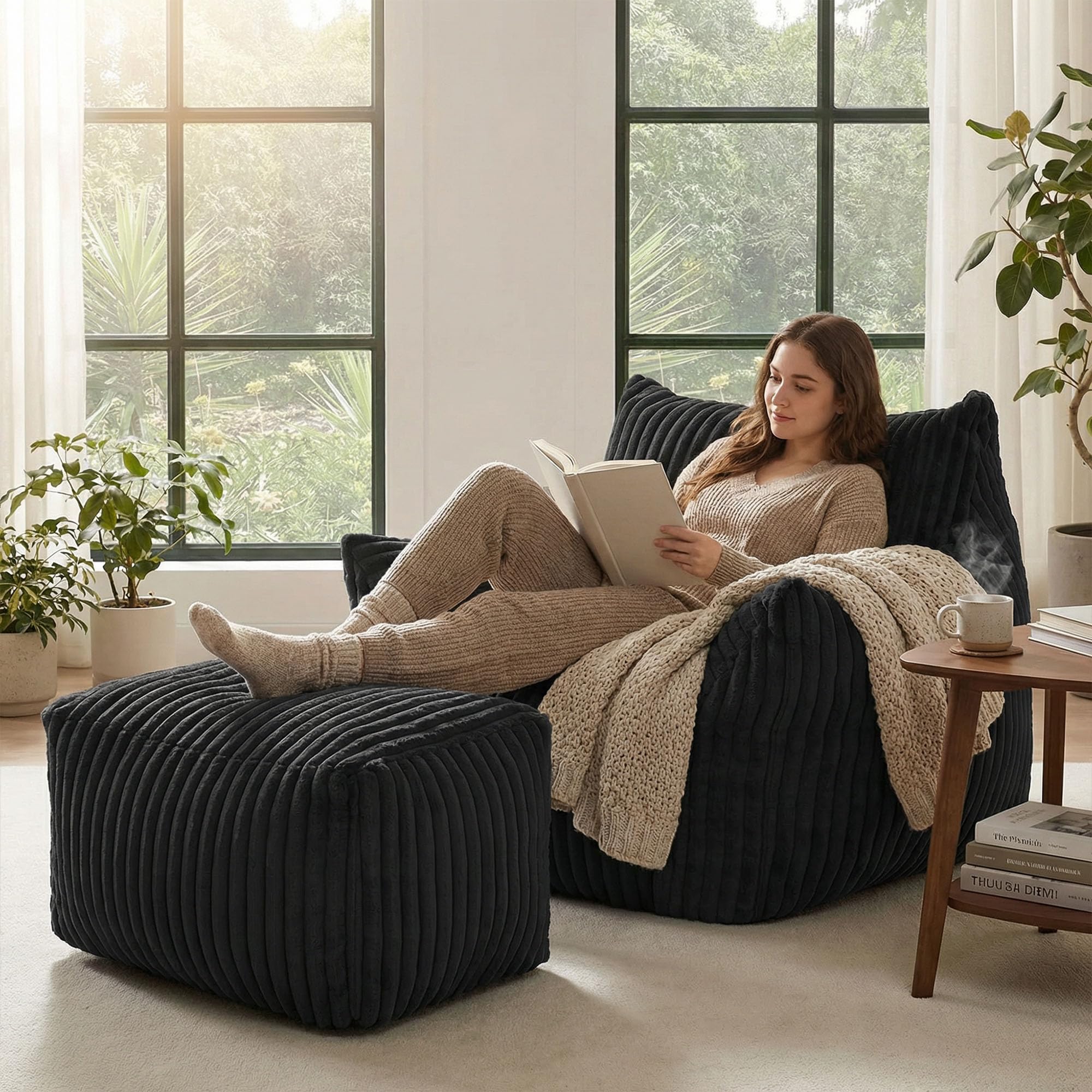 GRAVFORCE Schlafsofa mit Rückenlehne und Fußstütze, XXL Sitzsack Sessel mit Hocker für Erwachsene, Relaxsessel Lazy Sofa, Indoor-Sitzkissen für Schlafzimmer Wohnzimmer, Wintergarten Schwarz