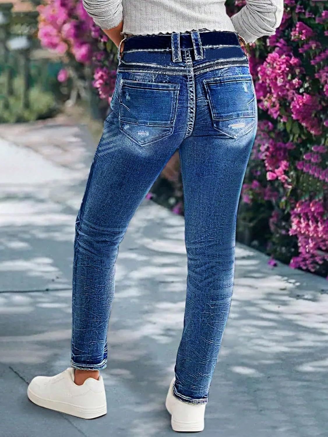 Stretch Skinny Jeans Distressed Streetwear Pants Tummy Control Denim Leggings Faded Button Fly Trendy Pants - Image 4