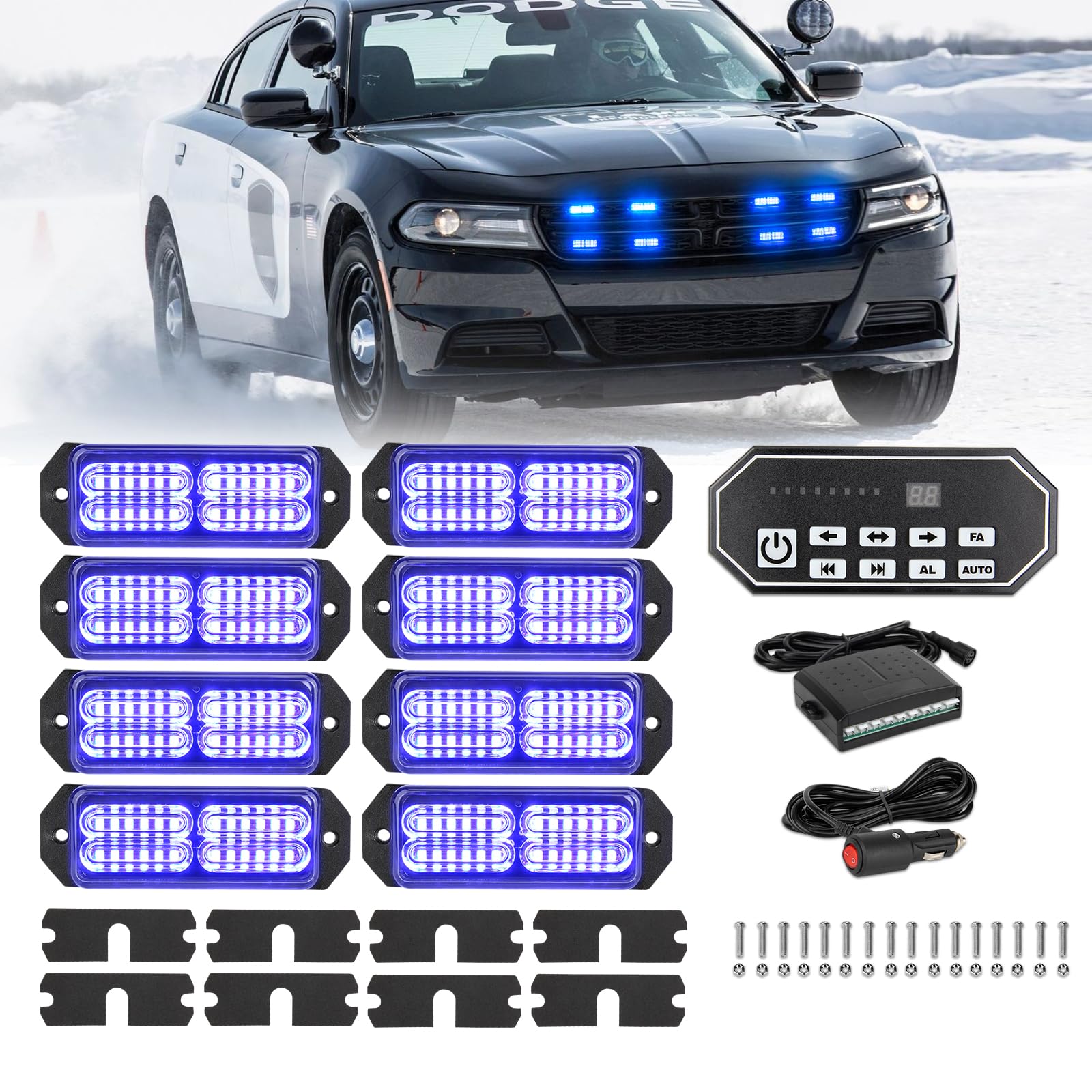 Luces estroboscópicas LED azules 8 en 1 con controlador estroboscópico de 9 teclas, 8 luces LED de advertencia de emergencia, montaje en superficie, luces LED intermitentes para camiones,
