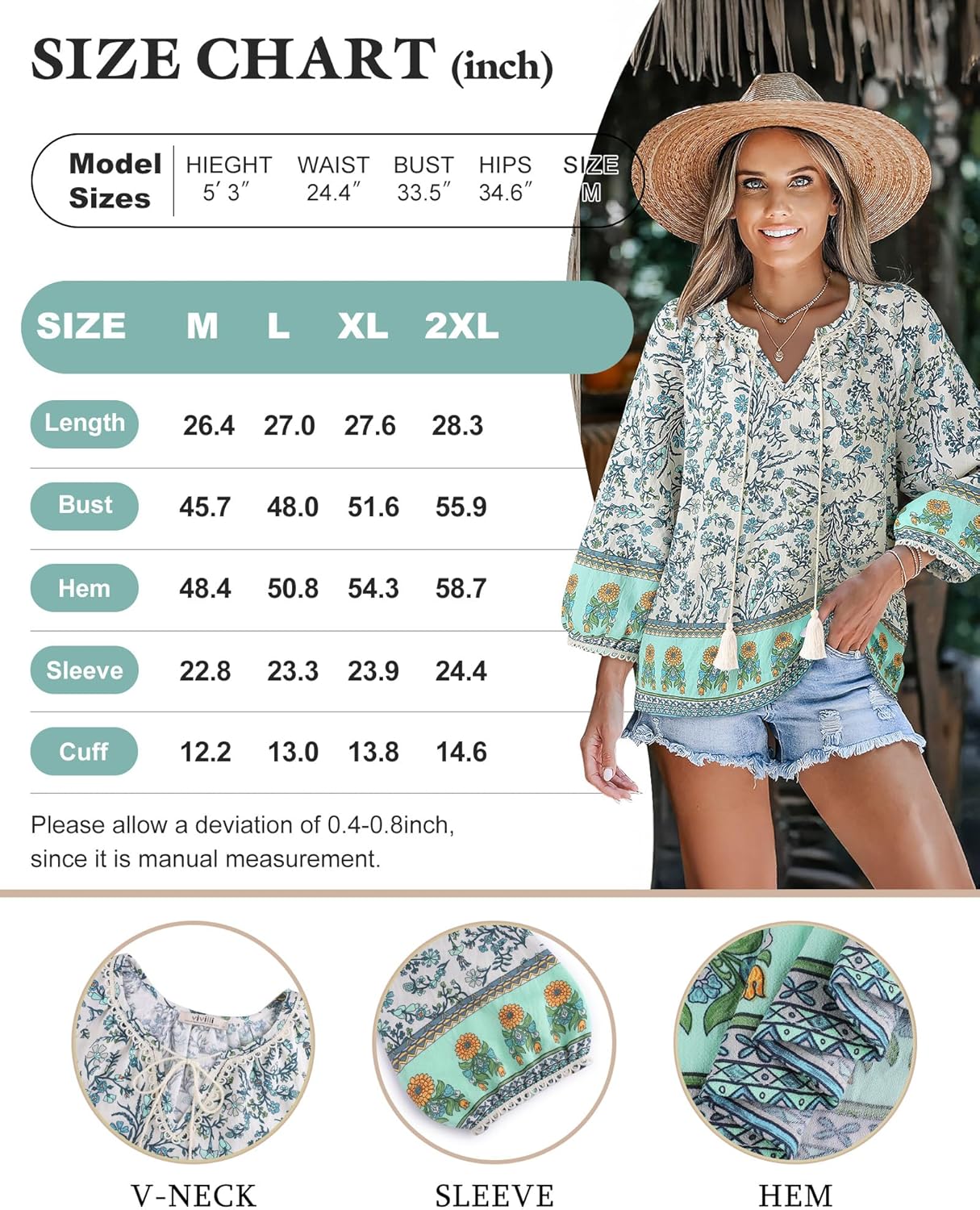 Vivilli Womens Boho Tops Casual V Neck 3/4 Sleeve Blouses Floral Print Shirt Tie Front Flowy Vacation Clothes - Image 6