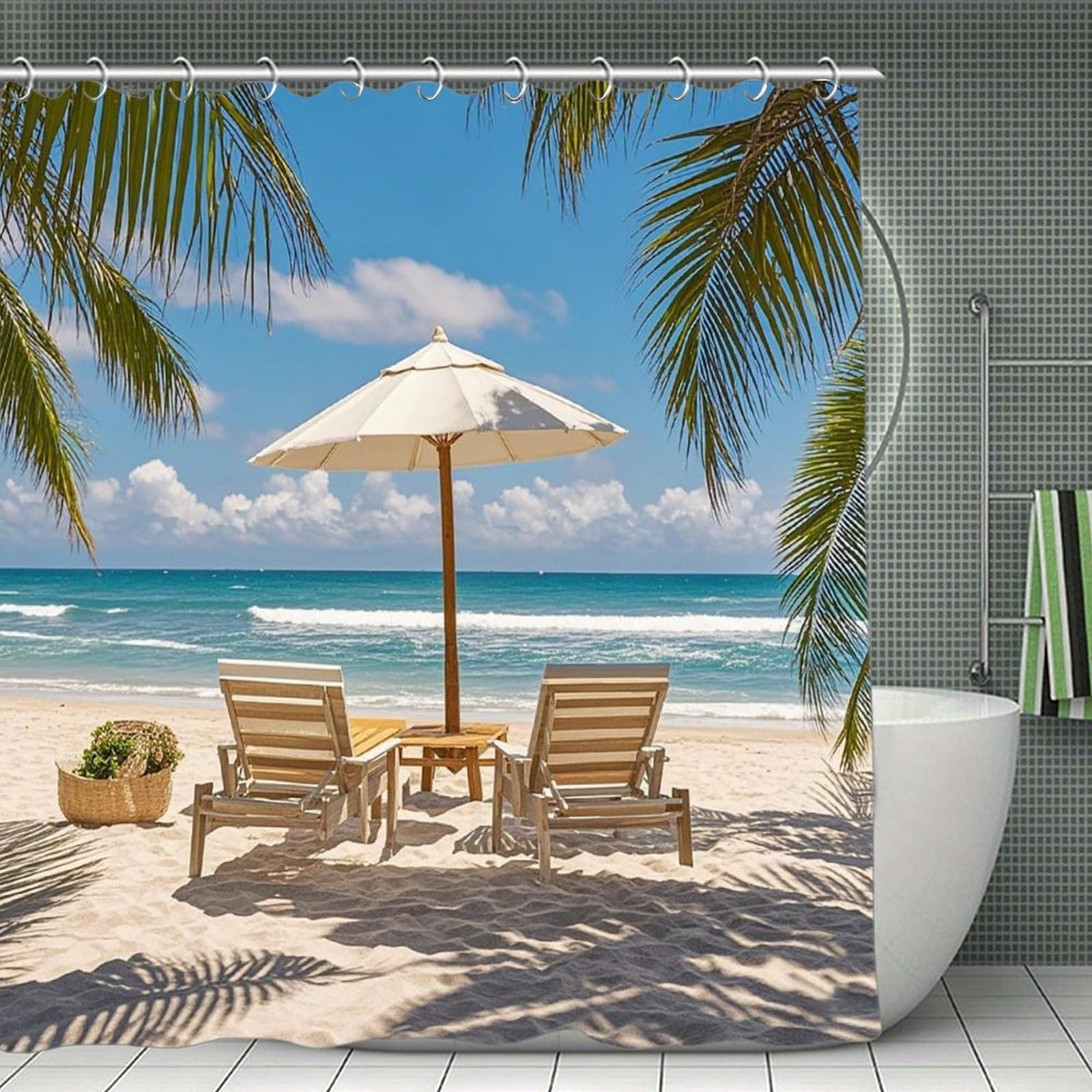 VstaDank Ocean Beach Theme Shower Curtain Light-Weight Blackout Bathroom Curtain Washable Shower Liner 71x71 Inch Bath Curtain with Metal Holes Bathtub Bath Room