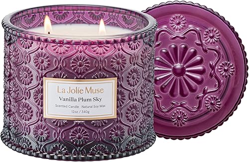 LA JOLIE MUSE Vela Vanilla Plum Sky - Coco, Vainilla, Ciruela  12 oz Vela grande de cera de soja de 2 mechas  60 horas de combustión limpia  Ideal