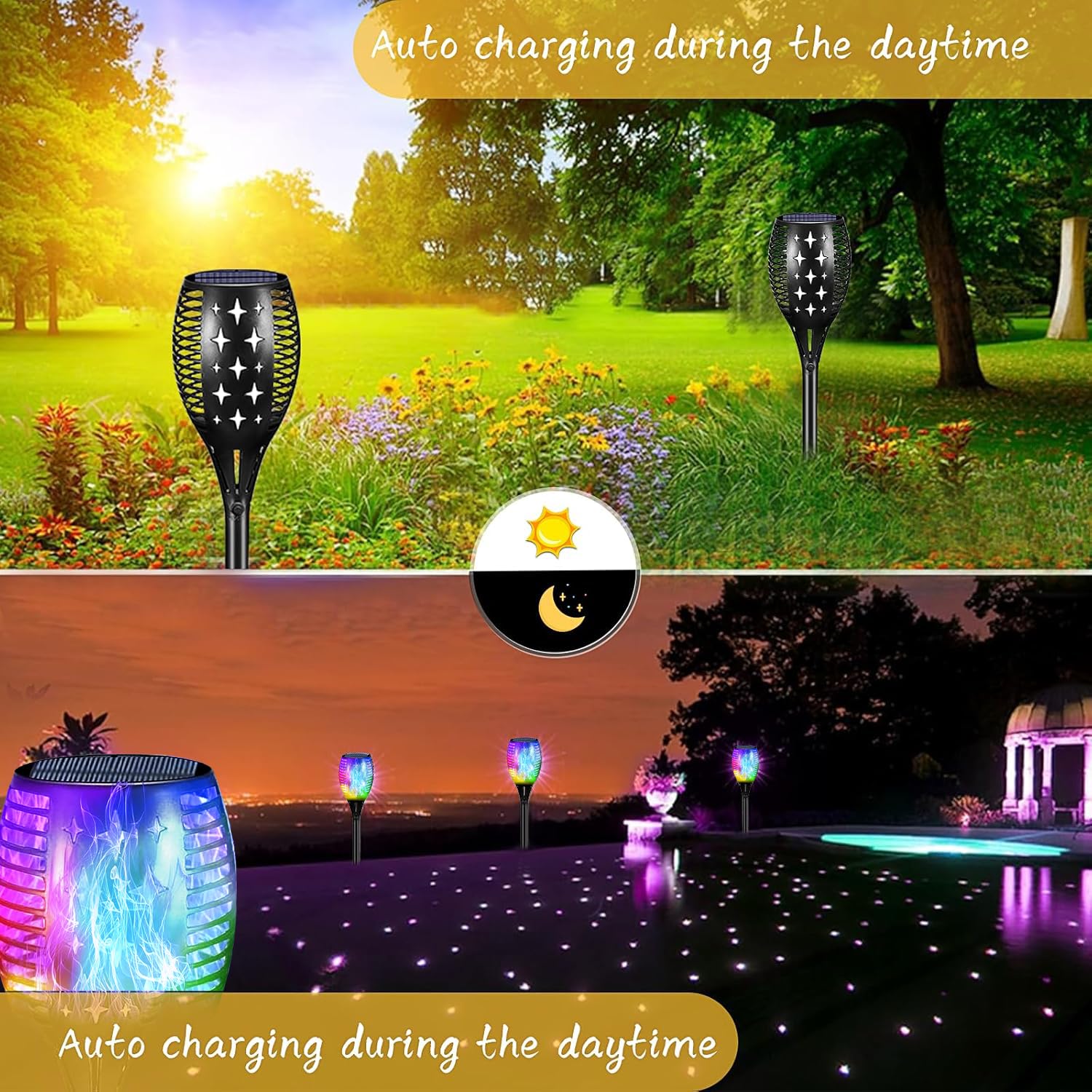 YoungPower Decorazioni di Halloween per esterni, 109,2 cm, 96 LED viola, luci solari per Halloween, luci RGB per esterni con fiamma tremolante, decorazione di Halloween, decorazione di Halloween per