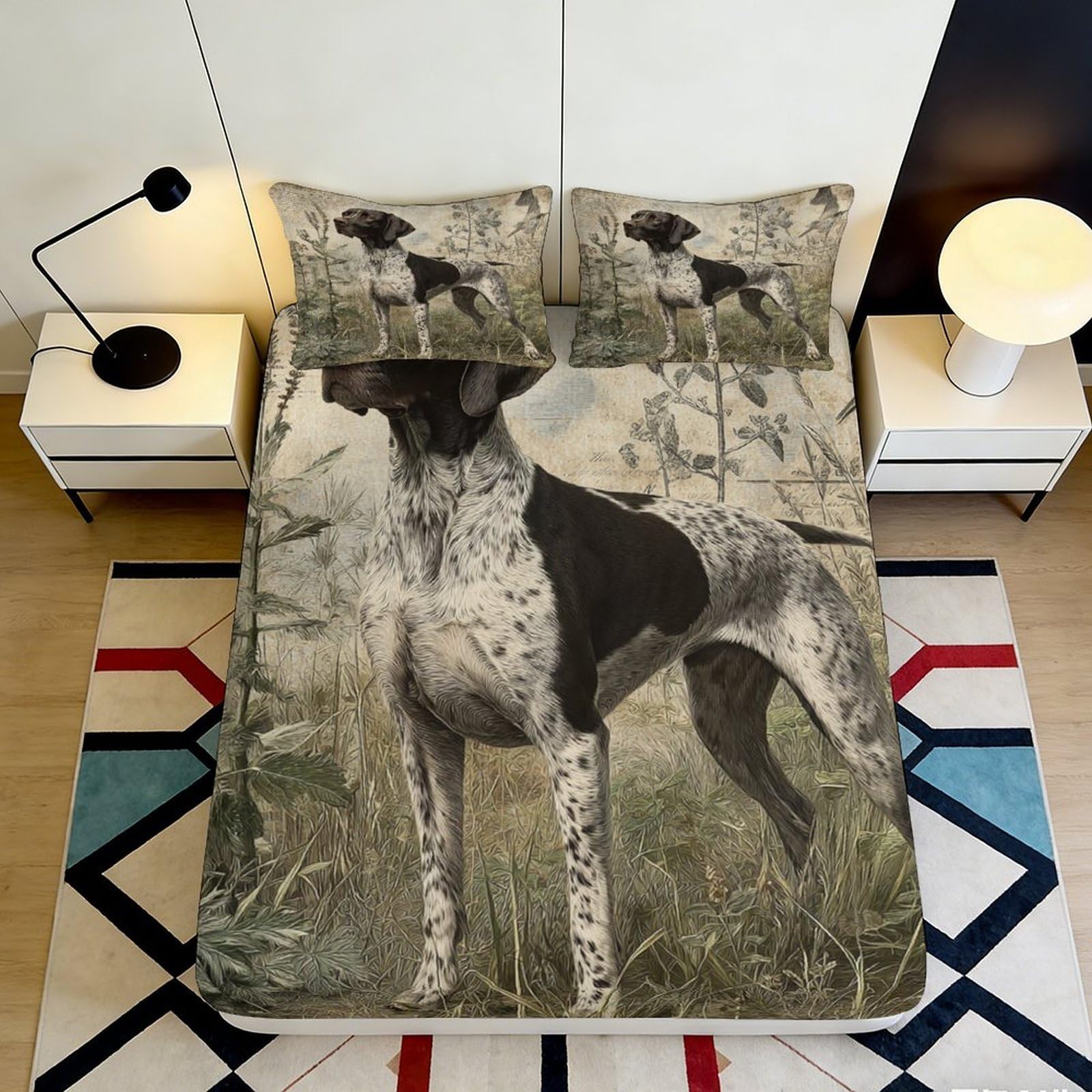 3D Printed Hunting Dog Fitted Sheet Microfiber Soft Breathable Grass Field Bed Cover for Bedroom Dorm Mattress Protection Decor 90x200x25cm