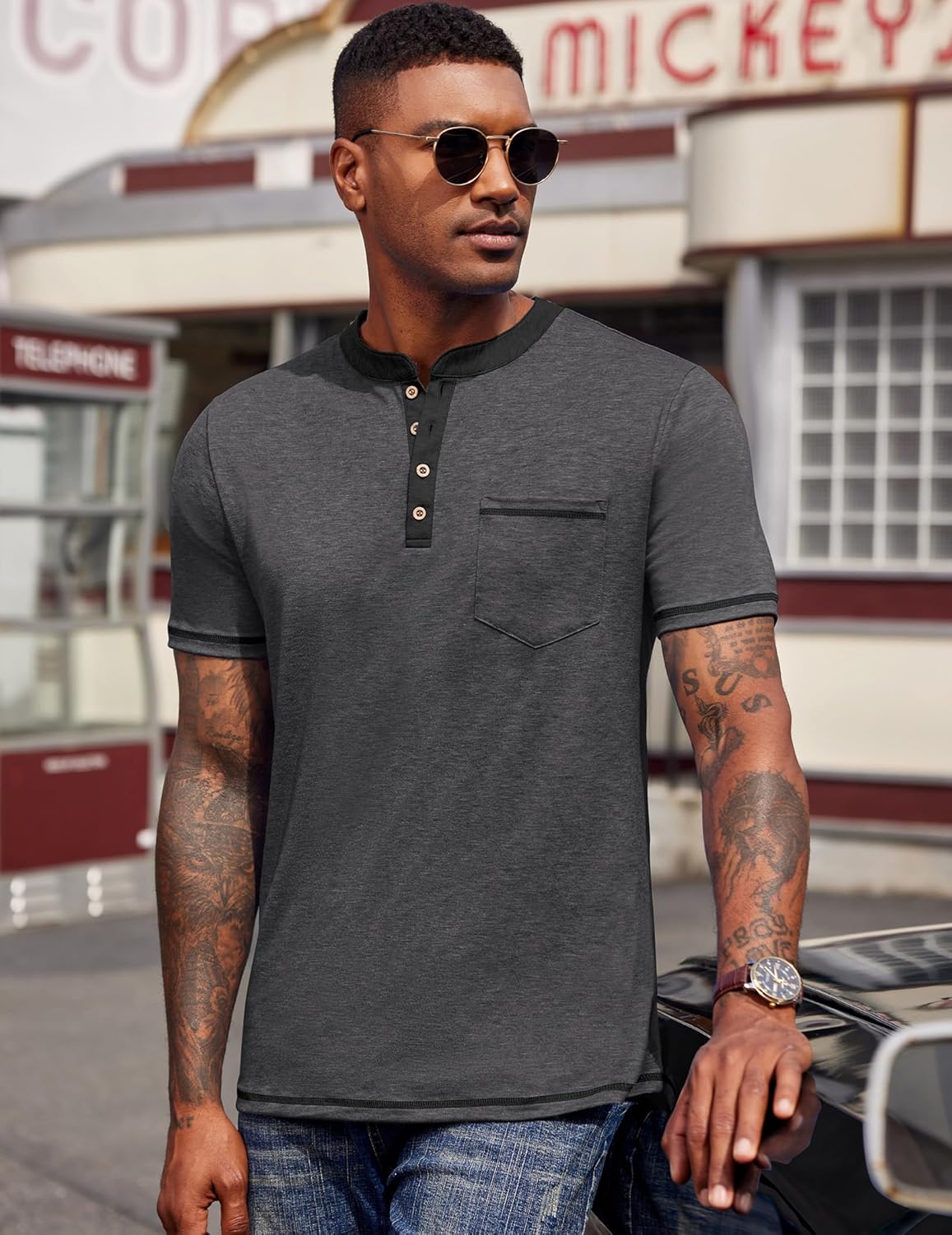 COOFANDY Mens Henley Shirts Short Sleeve Casual Button T-Shirts Basic Tee Shirts Summer Vintage T Shirts with Pocket - Image 3