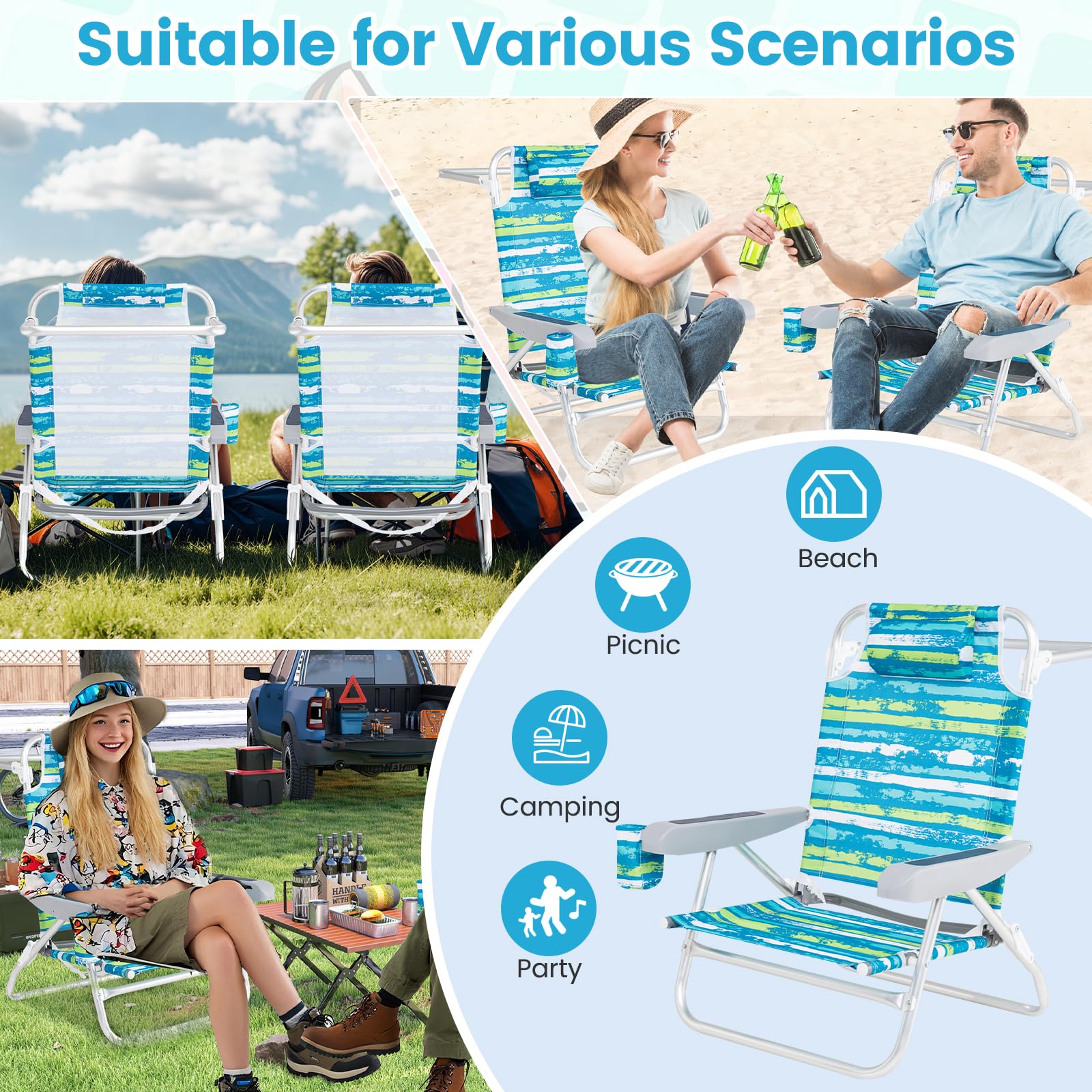 GIANTEX Sedia pieghevole da spiaggia e campeggio, schienale regolabile 4 posizioni, portasciugamani e cuscino, 2 in 1, fino a 150 kg (62 x 54 x 80 cm, strisce verdi)
