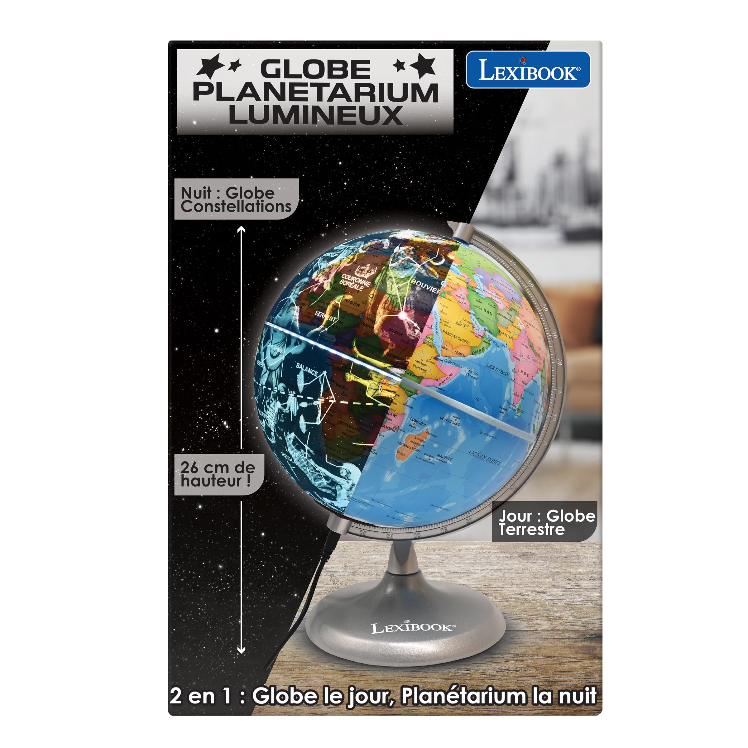 Lexibook, Globe Jour et Nuit Lumineux STEM, 2-en-1 Globe Le Jour Carte des contellations la Nuit, Bleu/Noir, NLJ185FR