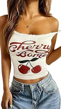 Women's Cherry Bomb Graphic Tank Top, Ribbed Crop Top with Lace