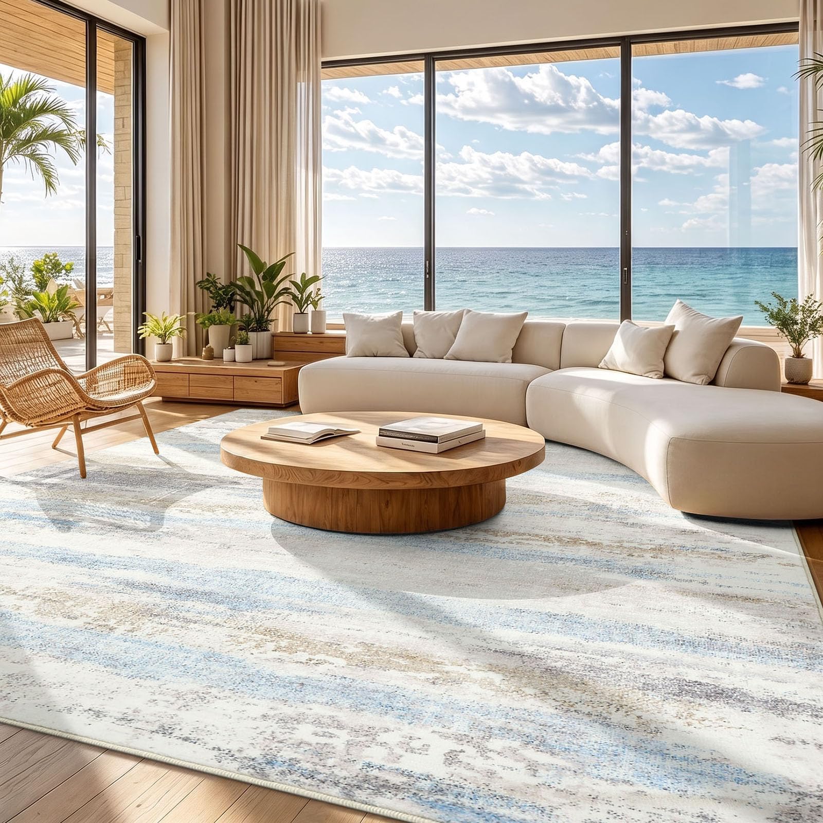 Homaxy Tapis Abstraits Modernes Salon 240 x 300 cm Tapis Beige et Bleu