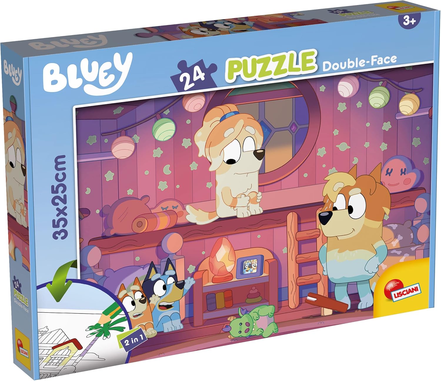 LISCIANI - Bluey - 2-in-1 Puzzle - 24 Pieces - for Children from 3 Years - 35 x 25 cm - Double-Sided Puzzle - Colouring Back - Develops Reflection and Dexterity - Educational Game - Made in Italy