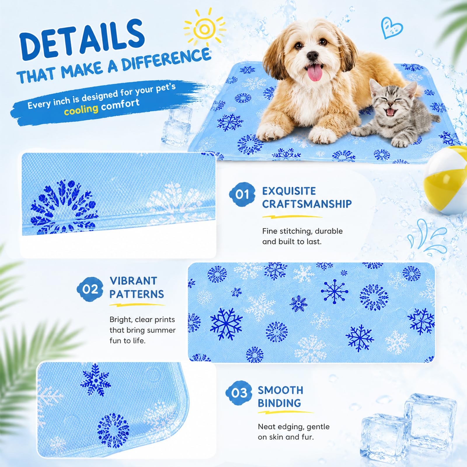 Alfombra Refrescante Perros y Gatos 50x40 cm, Alfombrilla Refrigerante con Gel no Tóxico, Cama Refrescante Perro Impermeable para Mascotas Pequeñas (Copos de Nieve Azules)