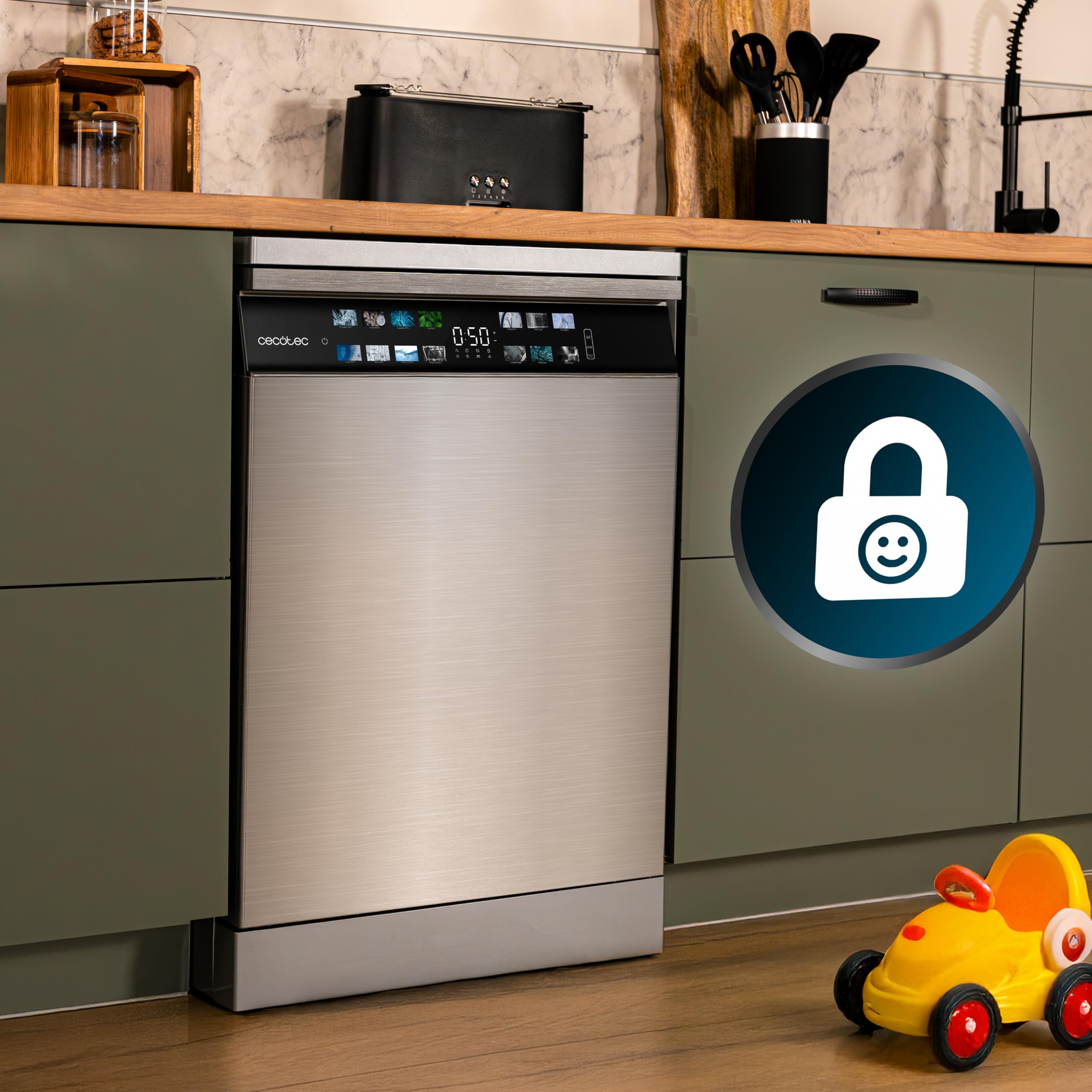 Cecotec Lavastoviglie da incasso Bolero Aguazero 6700 Inox B.60cm, 15 coperti, Classe B, Motore Inverter Plus, Display Color, 14 programmi, O2 Dry, Turbo Dry+, Dual Zone, Vassoio regolabile, AutoClean