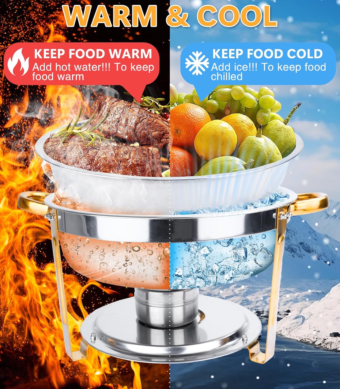 Chafing Dishes for Buffet 4 Pack, 6QT Round Chafing Dish Buffet Set Stainless Steel Buffet Food Warmers Set for Catering Events Party Dinner with Complete Set, Gold and Silver Chafing Dishes for Party - Image 4