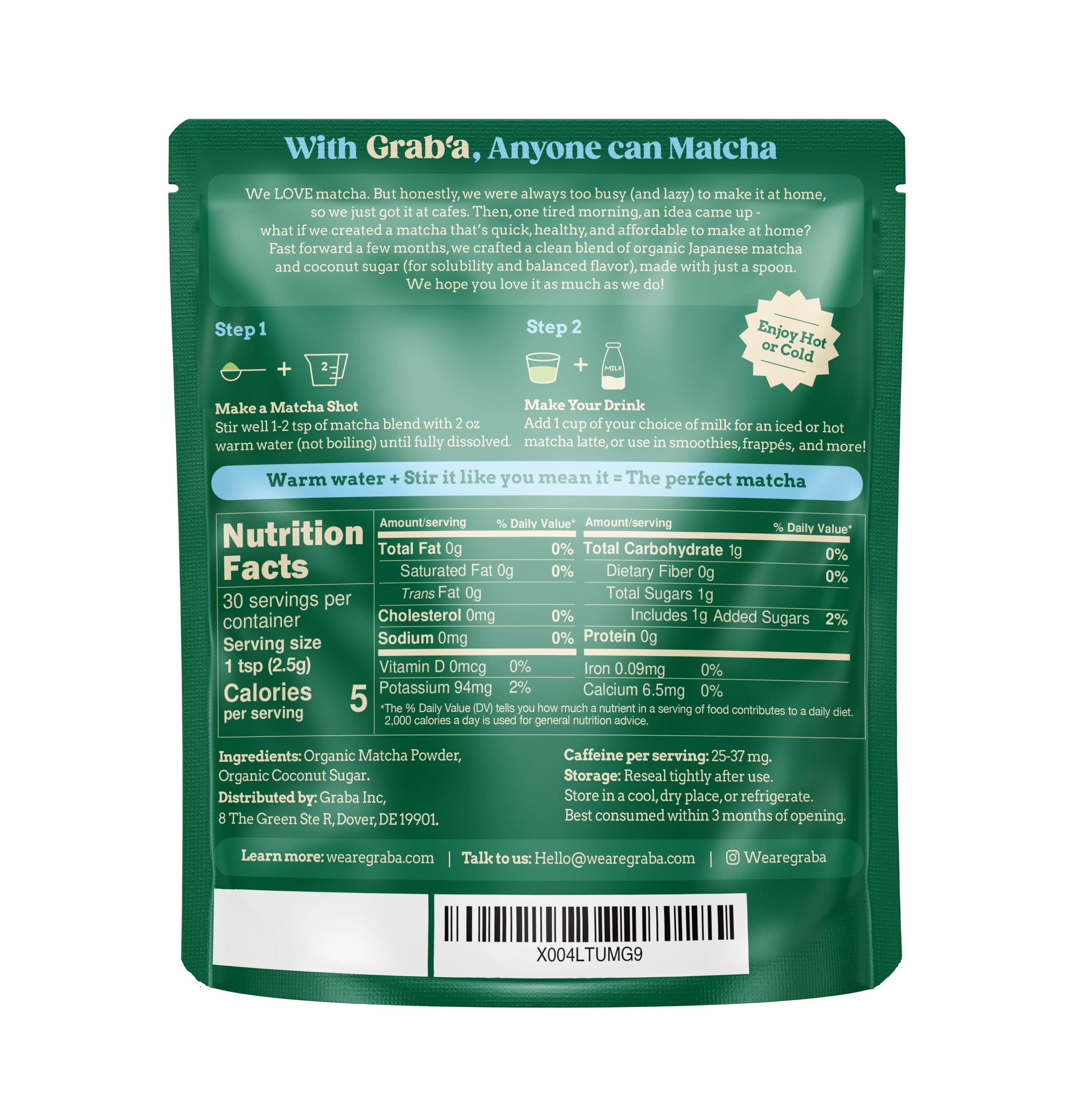 Graba Matcha Organic Instant Slightly Sweetened Matcha Green Tea Powder Easy to Make Matcha Latte Mix Unique Gift — view 3