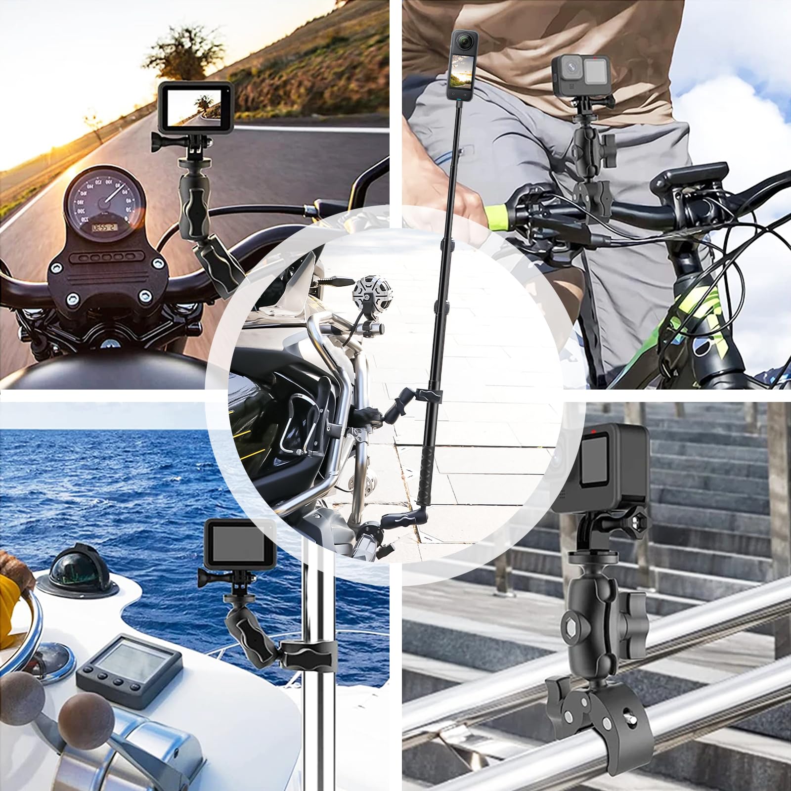 Supporto Moto per Insta360 x4 Action Camera, Moto Montaggio Kit Compatibile per Insta 360 X4 X3 X2 X RS GO 3, Rotazione a 360 Gradi Supporto a Doppia Pinza e Doppia Stabilità