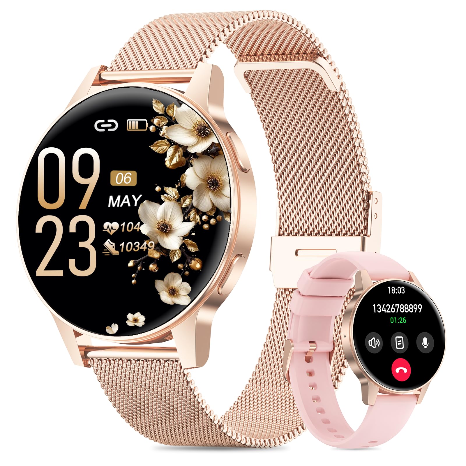 SLOKSFil Smartwatch Damen, 1,27" HD Touch Display Rund, Schrittzähler mit Telefonfunktion, 24H Pulsuhr Schlafmonitor, 100+ Sportmodi Fitness Tracker für Android & iPhone