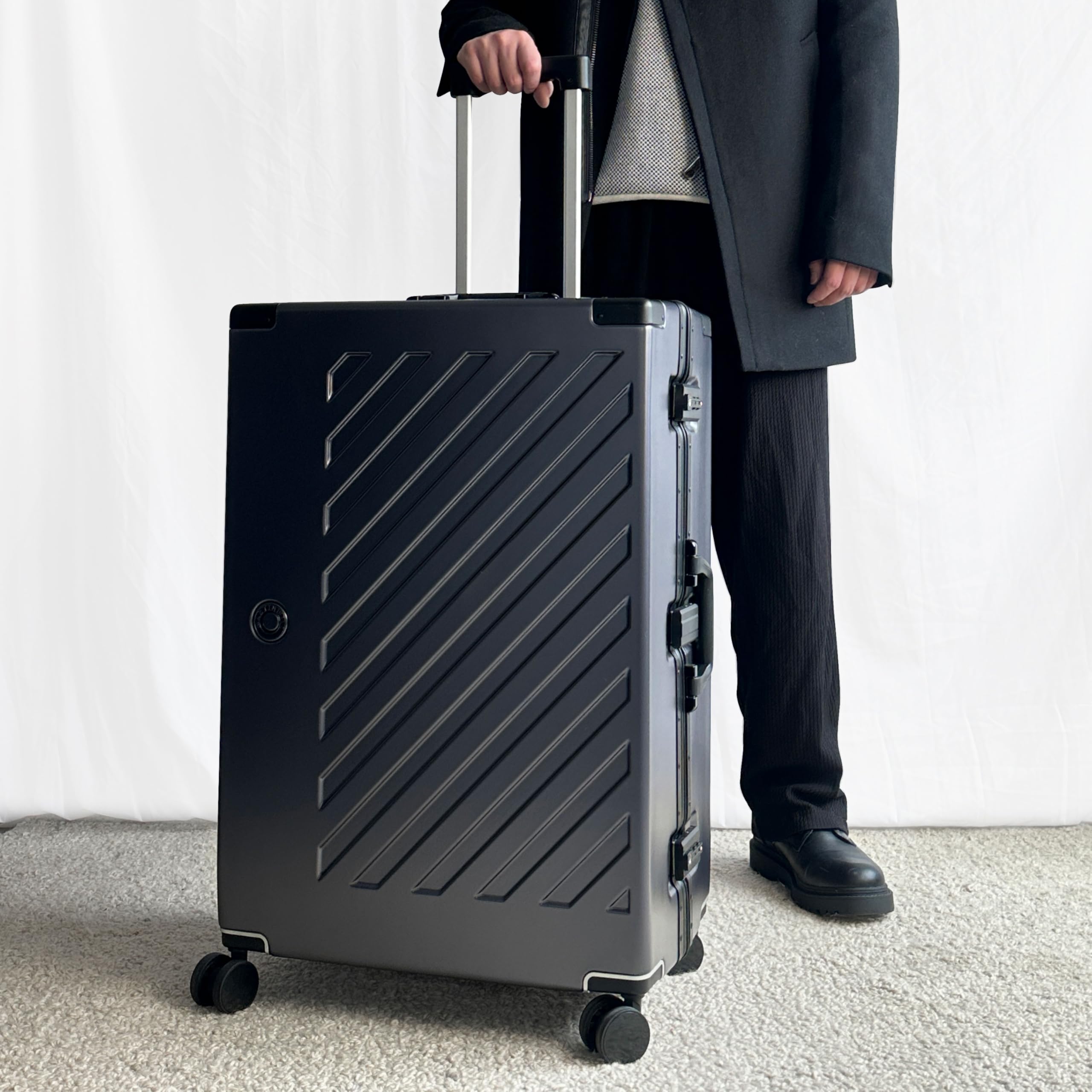 JLY Valise Rigide 28 Pouces en Polycarbonate 100% – sans Fermeture Éclair, Double Serrure TSA, Cadre Aluminium, 4 Roues Pivotantes – Bagage de Soute Gris Kaki (Gris, L (75cm 86L))