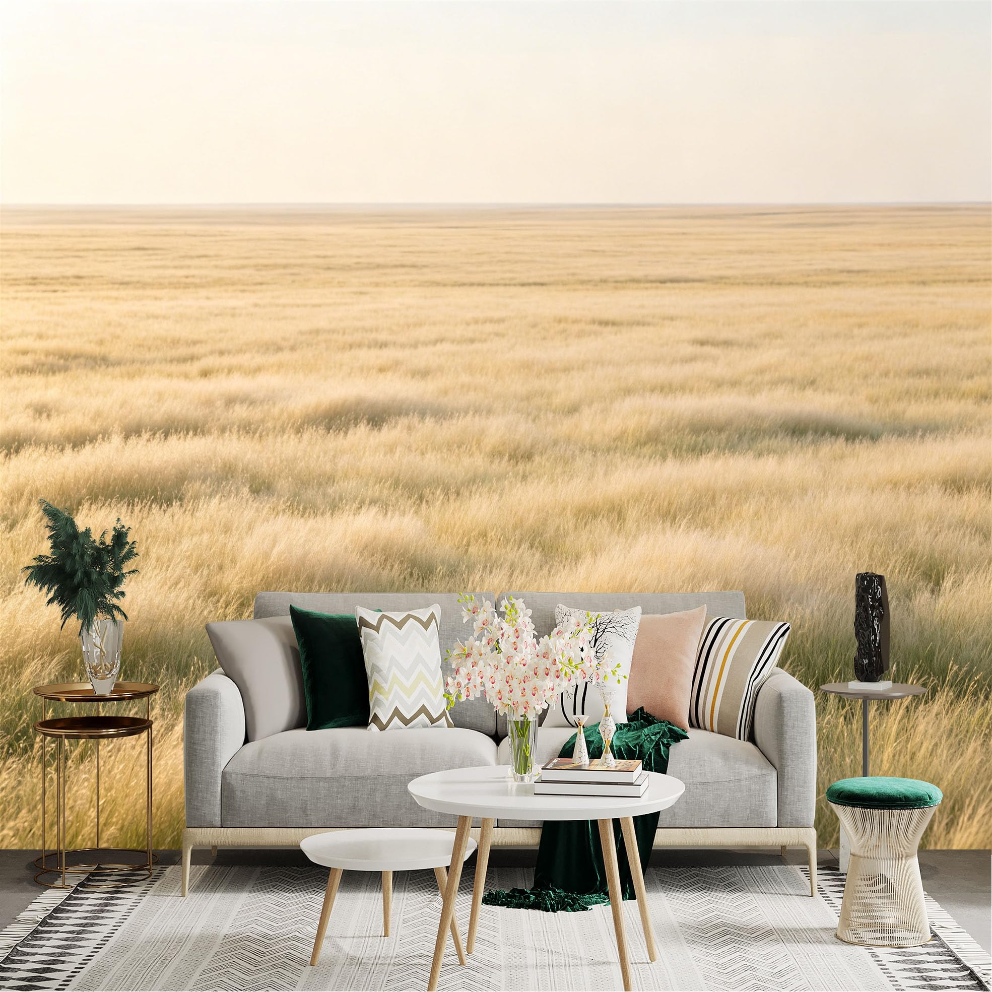 Lnzczhyre Dbh260521862 Custom Size Wall Sticker Mural， Golden Prairie Field At Sunset， Vast Meadow Scenery， Natural Landscape Aesthetic， For Wall Decoration， Peelandstick Wall Decals.