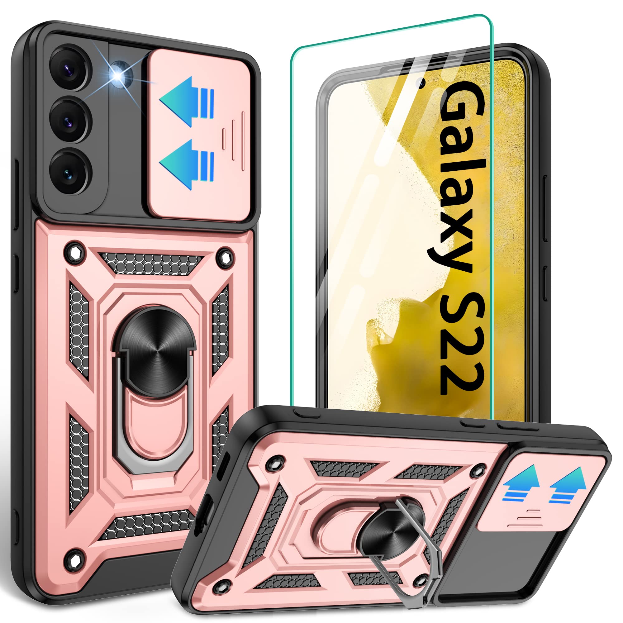 Compatible with Samsung Galaxy S22 Case,Galaxy S22 Case with HD Screen Protector with Slide Camera Cover, 360°Rotation Ring Kickstand [Military Grade] Case for Galaxy S22, s22 case, Rose Gold