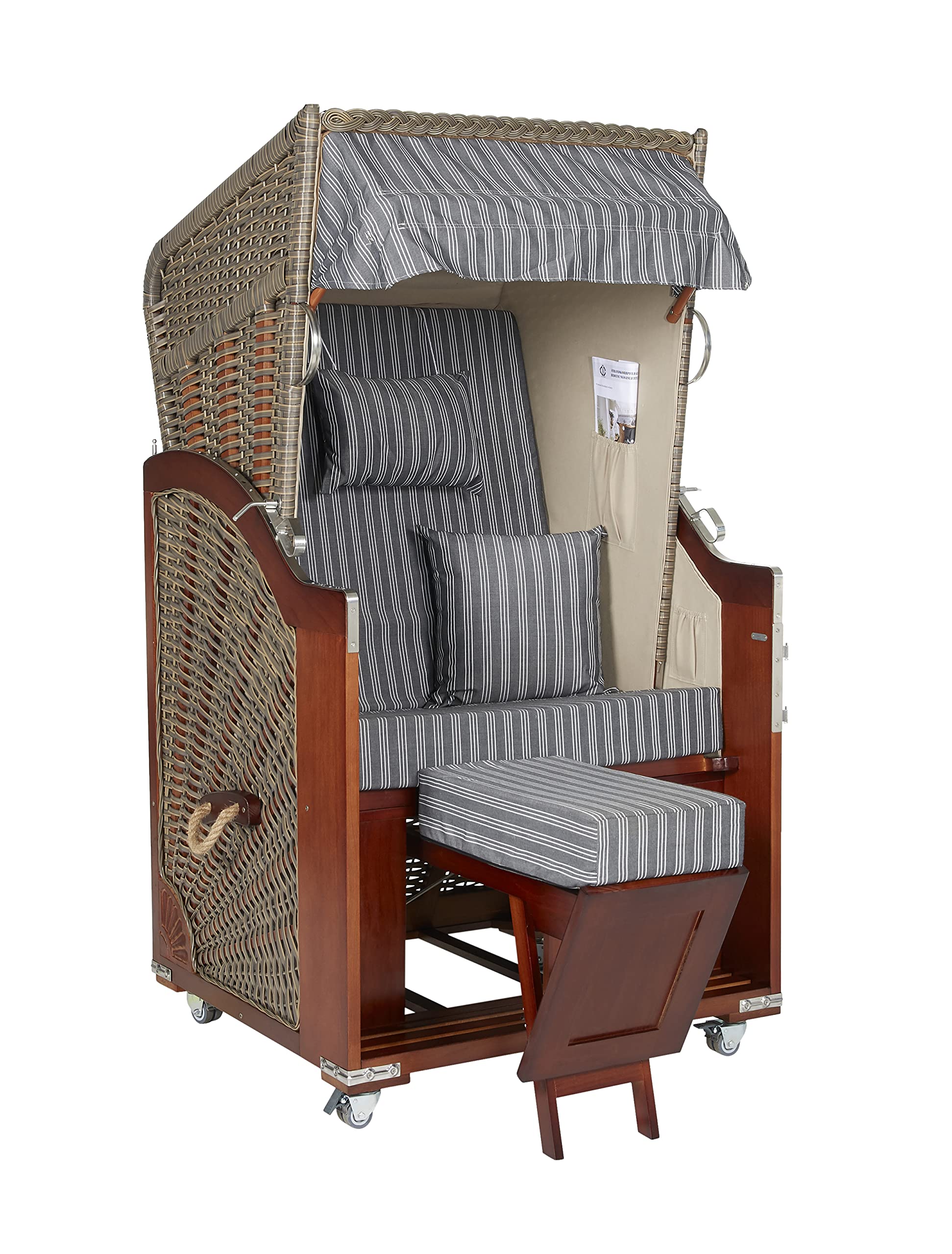 intergrill Strandschönheiten AVA Deluxe Strandkorb Ostsee Single Vollholzfront Korb außen beige Pinienholz innen grau gestreift Balkone Terrassen Garten Lounge