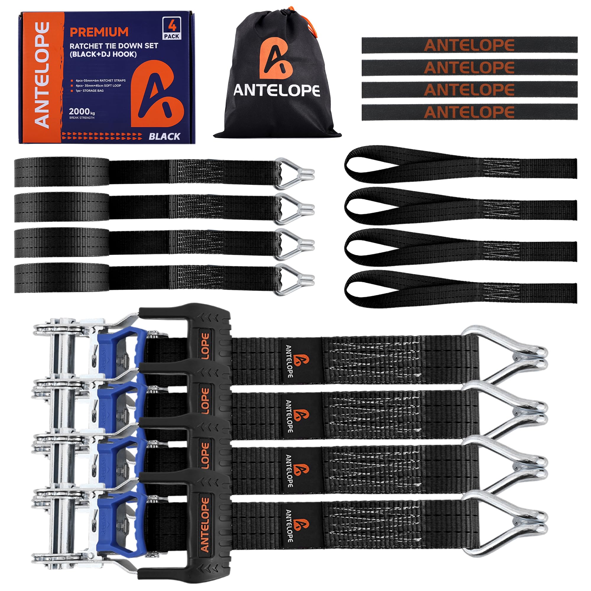 A ANTELOPE Lot de 4 sangles d'arrimage avec cliquet | 6 m | 35 mm | Sangles d'arrimage en deux parties avec cliquet et crochet 2 t (2000 kg), kit d'arrimage pour moto, voiture, noir