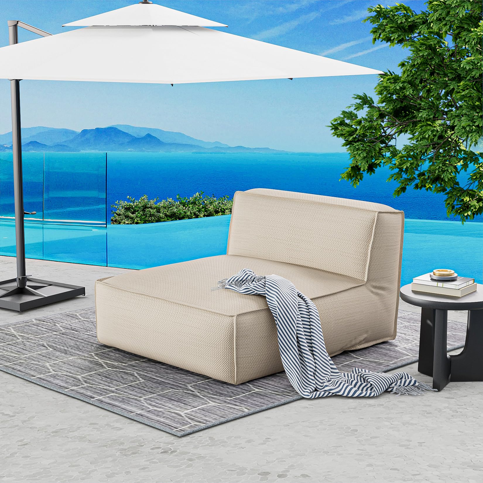 Dineli Outdoor Bean Bed Loveseat Large Bean Bag Chair for Adults Outdoor Sofa Couch Outside Chaise Lounge Chair Foam Filling Sun Lounger, Comfy Sunbed for Patio Pool - Light Beige, 57'' Length