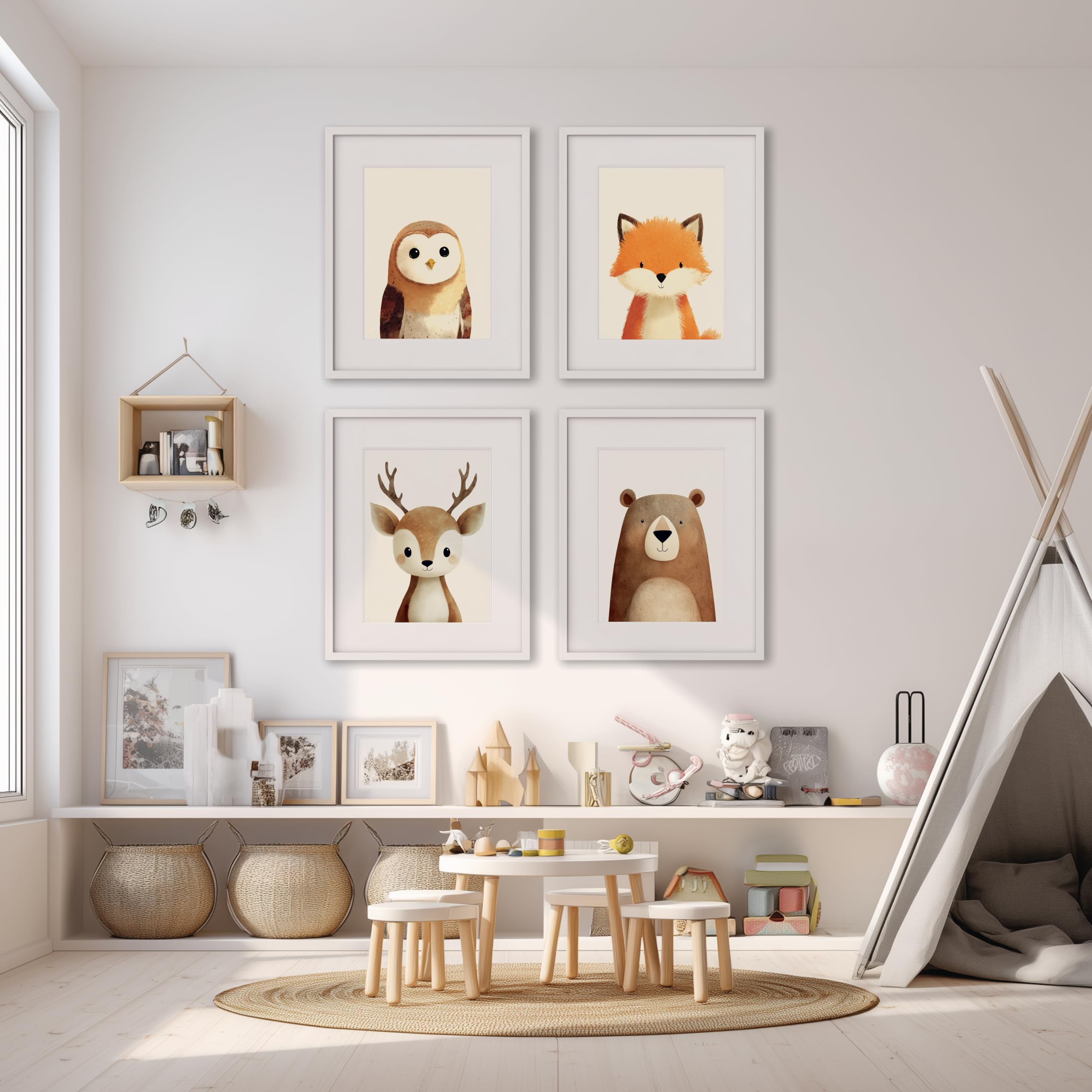 PACKLIST® Set 4 Quadretti Cameretta Neonato – Poster Animali del Bosco (Orso, Volpe, Cervo, Gufo) – Stampe A4 Premium 250g – Decorazione Parete Bambini Senza Cornice – Idea Regalo Nascita