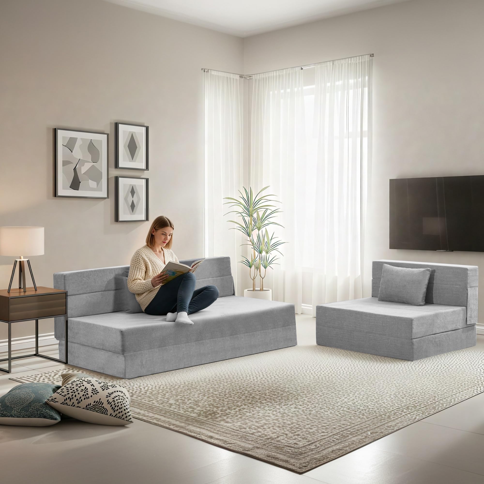 Doppelte Schlafsofa 100 x 203 cm - Faltbare Schlafcouch Gästematratze für 2 - Schlaffunktion, Bettcouch für Wohnzimmer Schlafzimmer mit Memory Schaum & Kissen, Bodensessel Waschbar Set Hellgrau