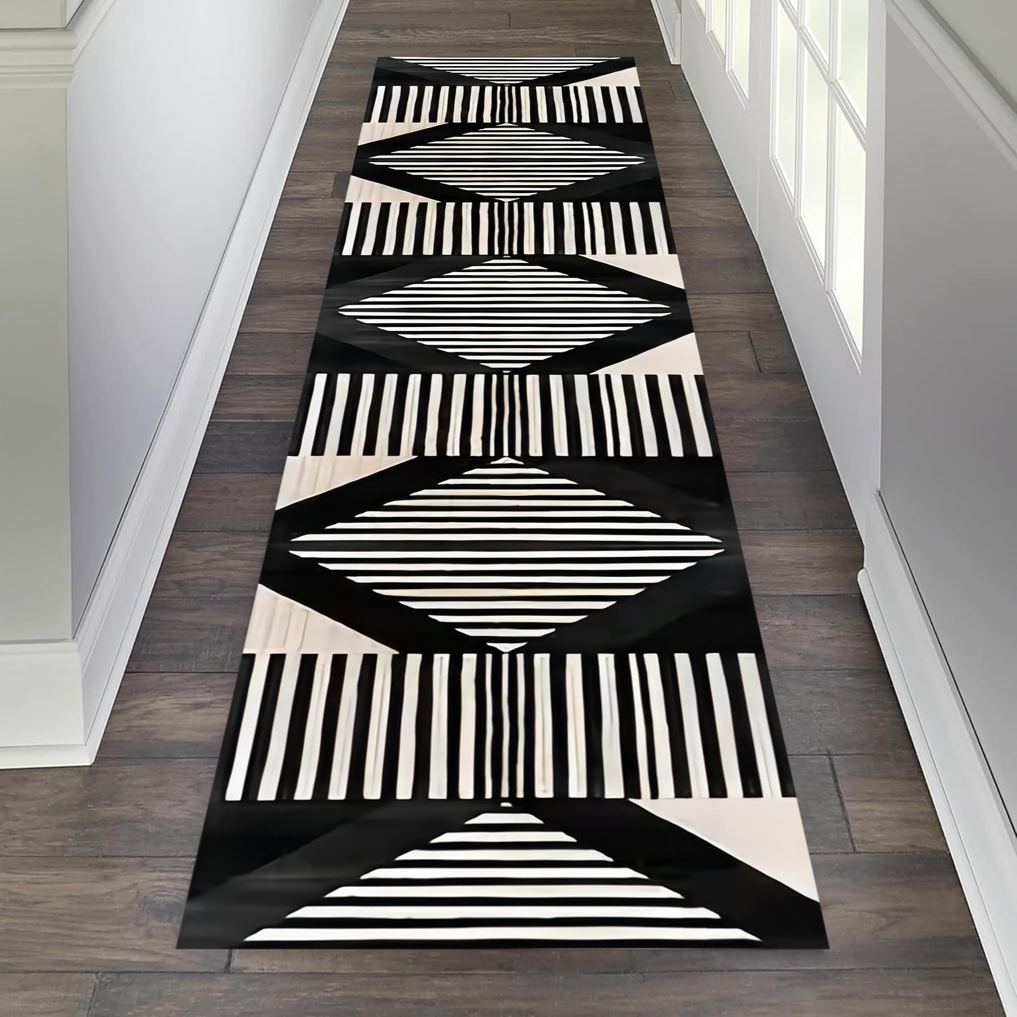 Geometric Runner Rug, 4x10ft, Modern Abstract Black and White Lines Living Room Hallway Entrance Carpet, Non-Slip No Shedding Kitchen Dining Room