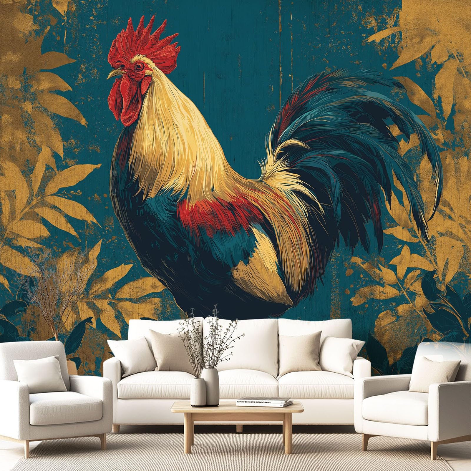 Generisch Tapeta Classic, Countryside, Pastoral - Rooster, wzór liści, tapeta na flizelinie, dekoracja ścienna, nowoczesna tapeta ścienna, dekoracja ścienna, tapeta z motywem - 350 x 256 cm