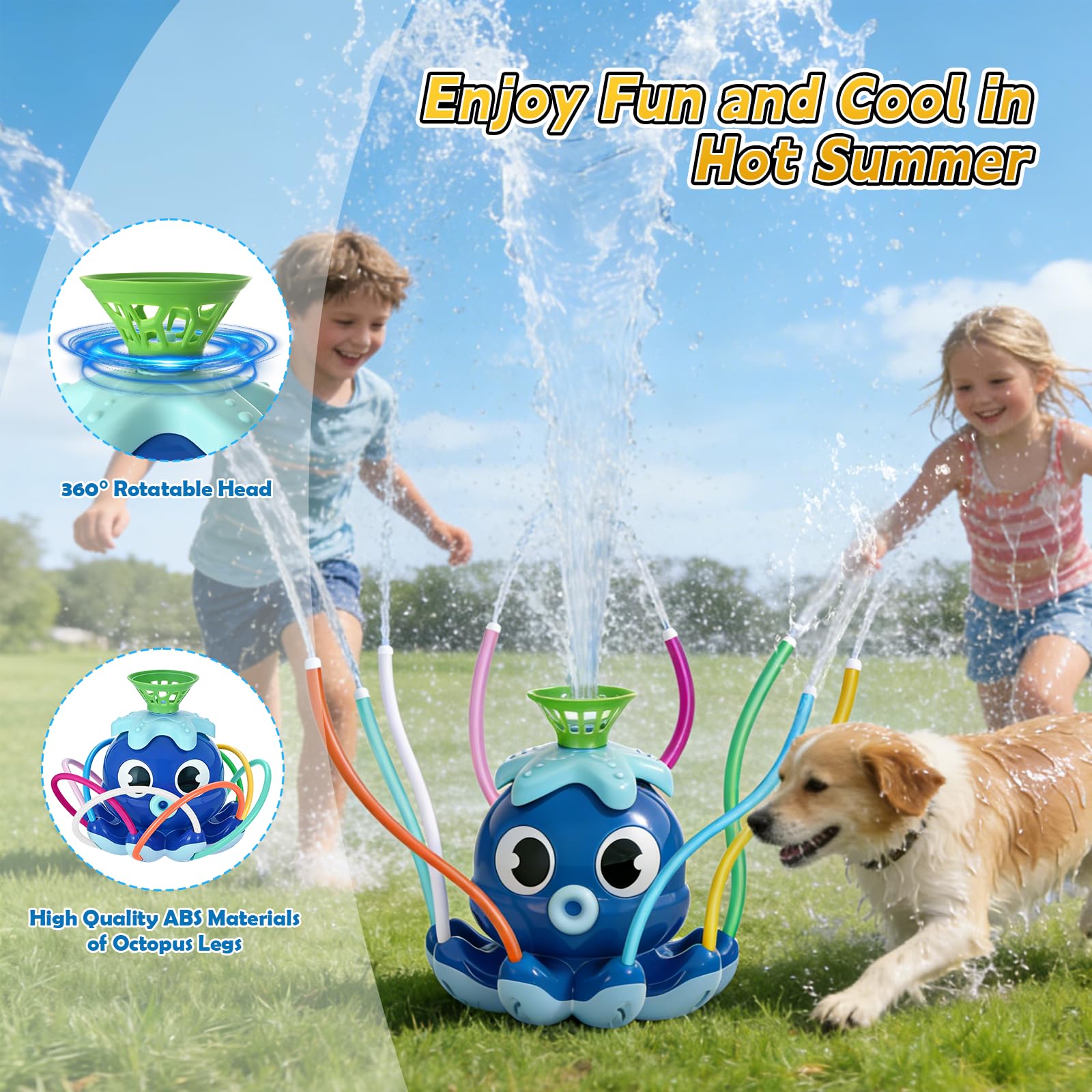 Wassersprinkler Baseballspielzeug, Octopus Kids Wassersprinkler T-Ball-Set mit Schläger 4 Bällen 2-in-1 Sommer Spielzeug für Draußen Rasenspiele für Kinder von 3 bis 12 Jahren (Blau)