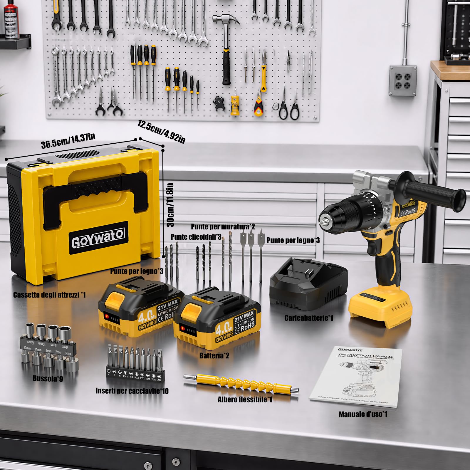 21V Trapano Avvitatore Batteria, 100Nm Trapano a Percussione | Brushless Avvitatore a Batteria, 2 Batterie 4,0Ah, 20+3 Coppia, 13mm Mandrino, 2 Velocità, 36 PZ Accessori, Casa Riparazione