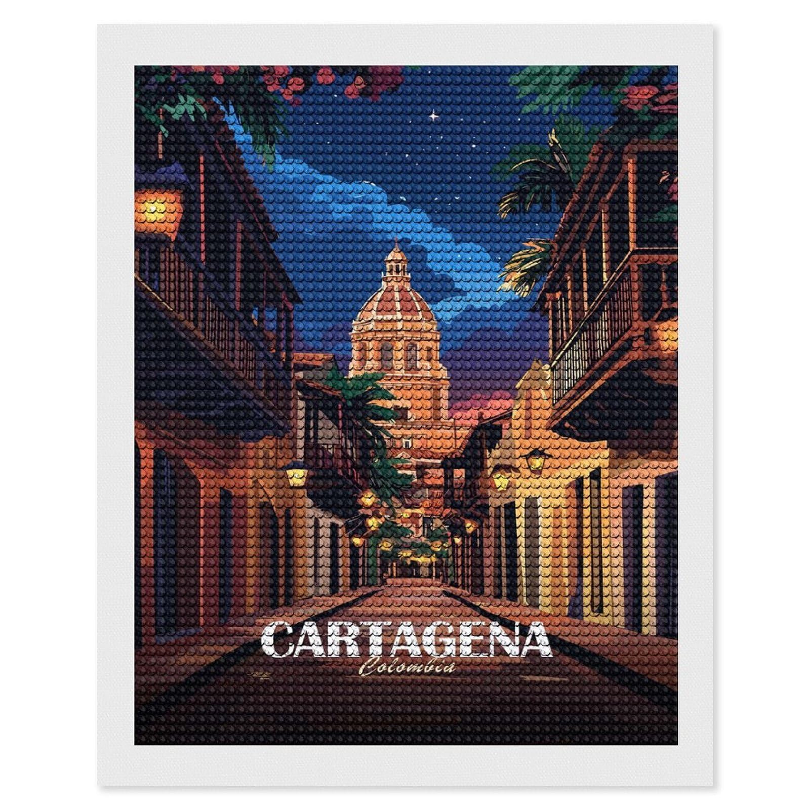 Junmoney Cartagena, Colombia Street at Night Diamond Painting Canvas Set 16"x20", for Craft Lovers, Decorate Your Room, Festive Craft Gift, Vintage Style Decor